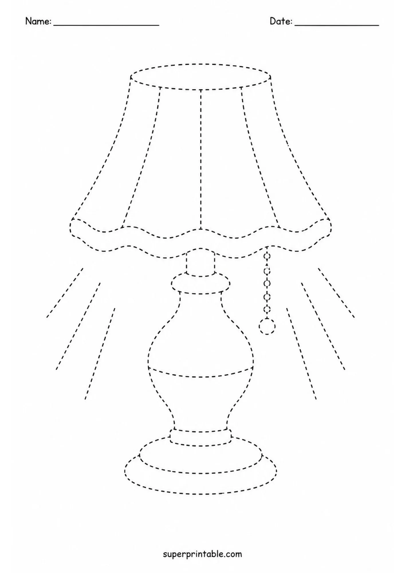 Table lamp tracing worksheet featuring a decorative lamp shade and glowing light rays.