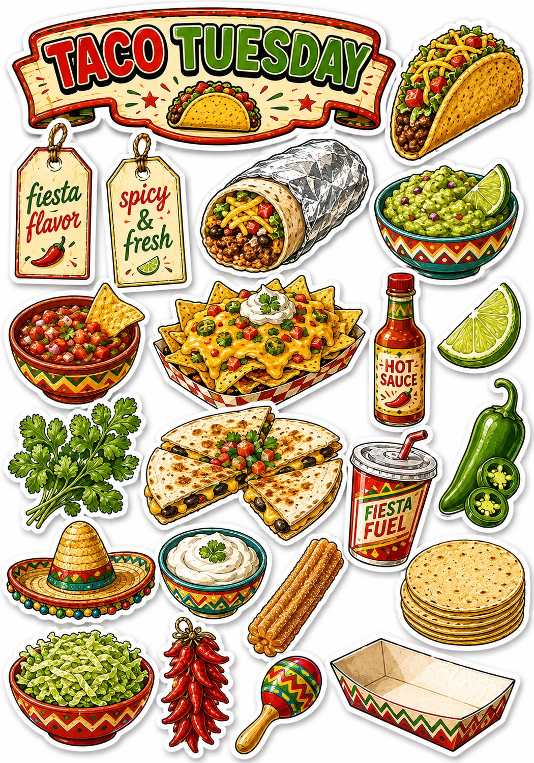 Taco Tuesday Burrito Guacamole Salsa Sheet featuring fast food, retro diner comfort food, junk food treats, and late night cravings.