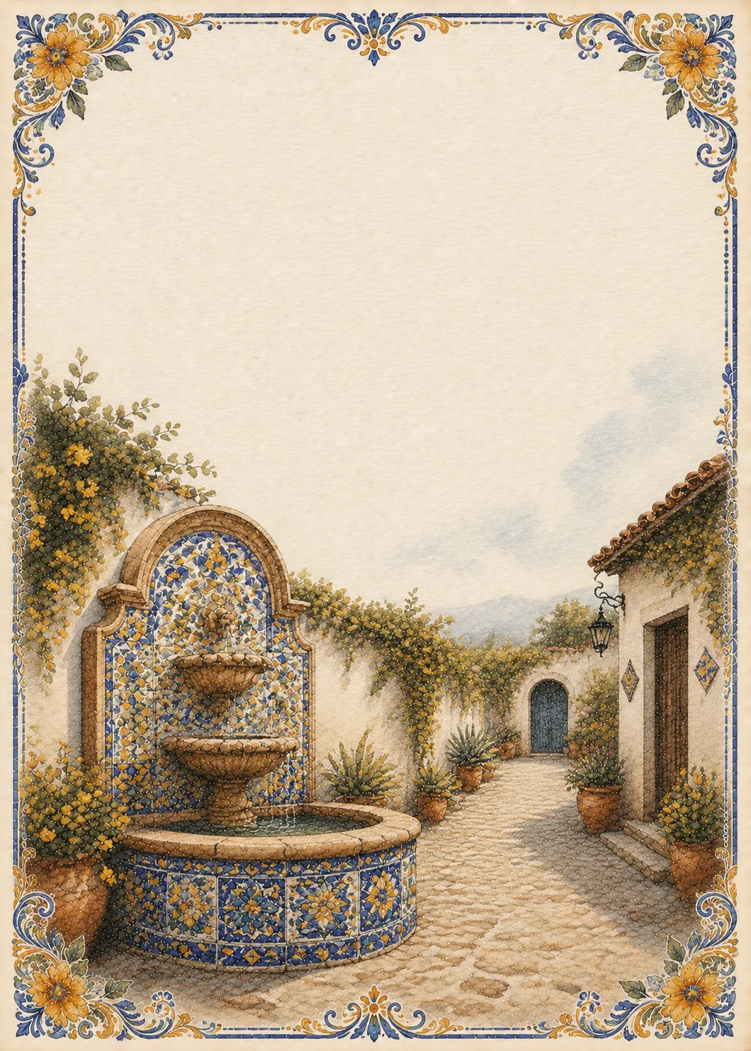 Traditional blue and yellow Talavera tile fountain set in a sunny cobblestone courtyard.