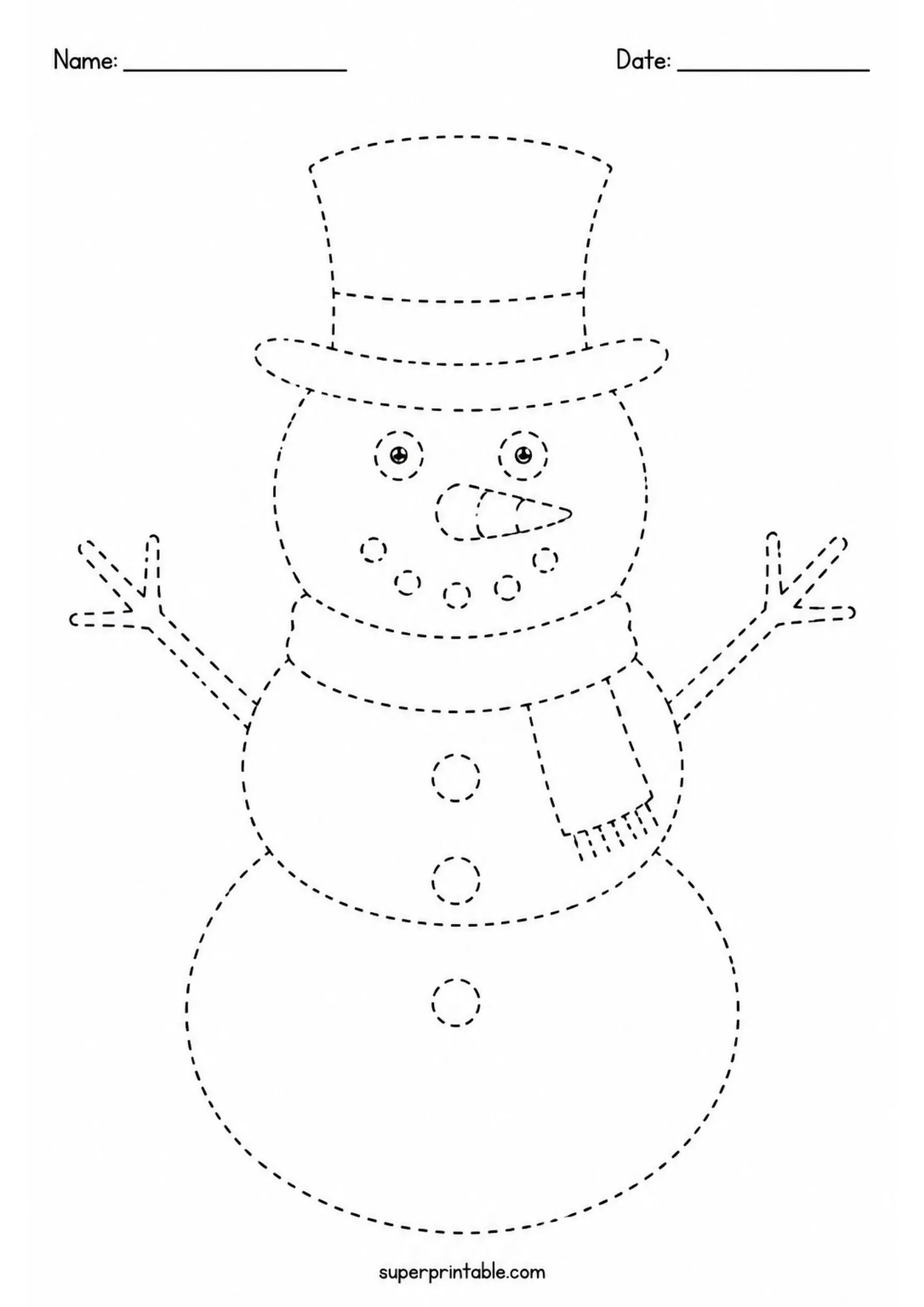 Black and white tracing worksheet of a multi-tiered snowman character with top hat and scarf in dashed outlines.