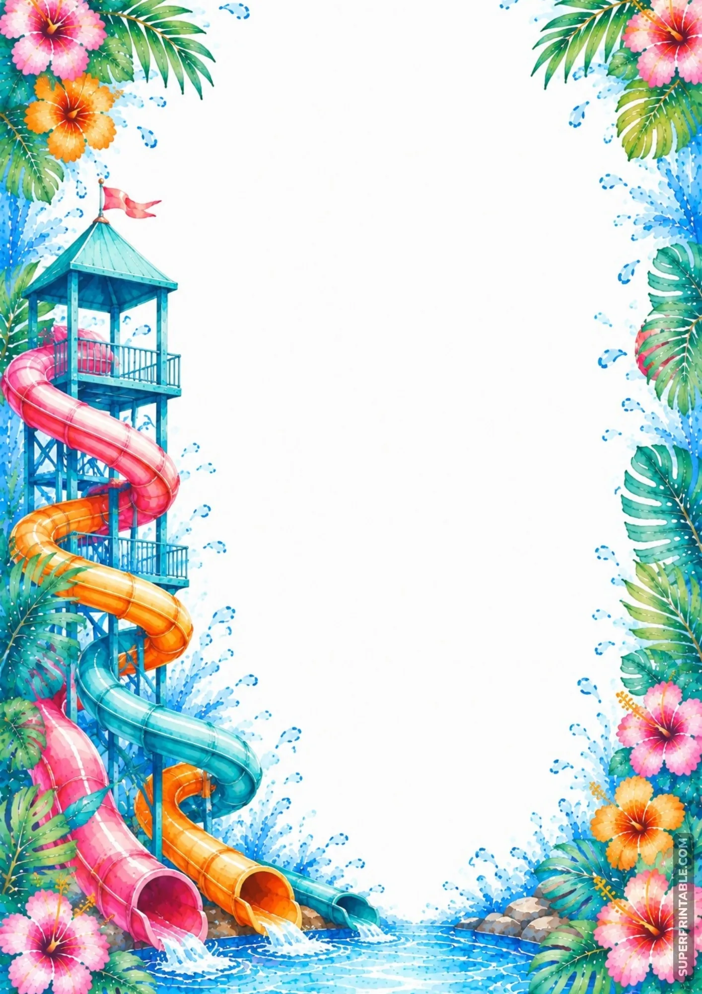 Detailed page border featuring a tall multi-slide water park tower spilling into a blue pool.