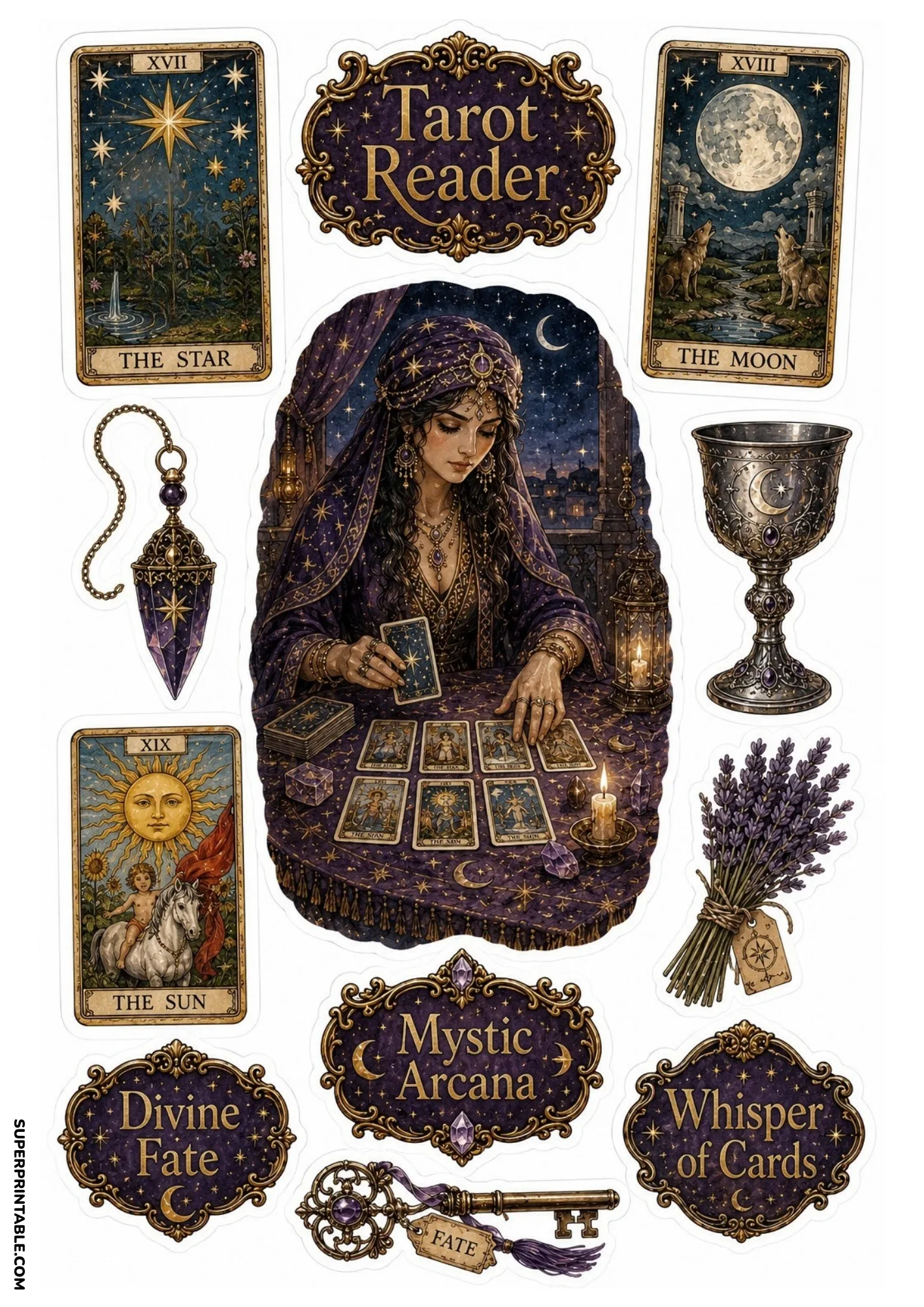 Tarot reader placing cards on candlelit table with Moon, Sun, Star tarot cards, and crystal pendulum.