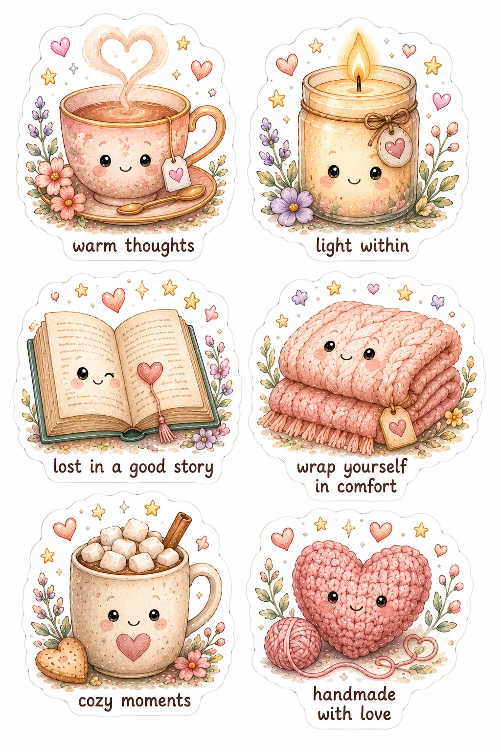 Cozy watercolor stickers with tea, candle, open book, knitted blankets, cocoa mug, and yarn heart