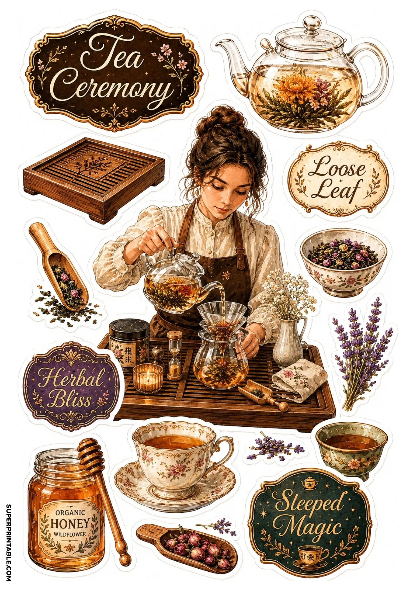 Traditional tea ceremony stickers featuring glass teapots, flowering tea, honey jar, and lavender.