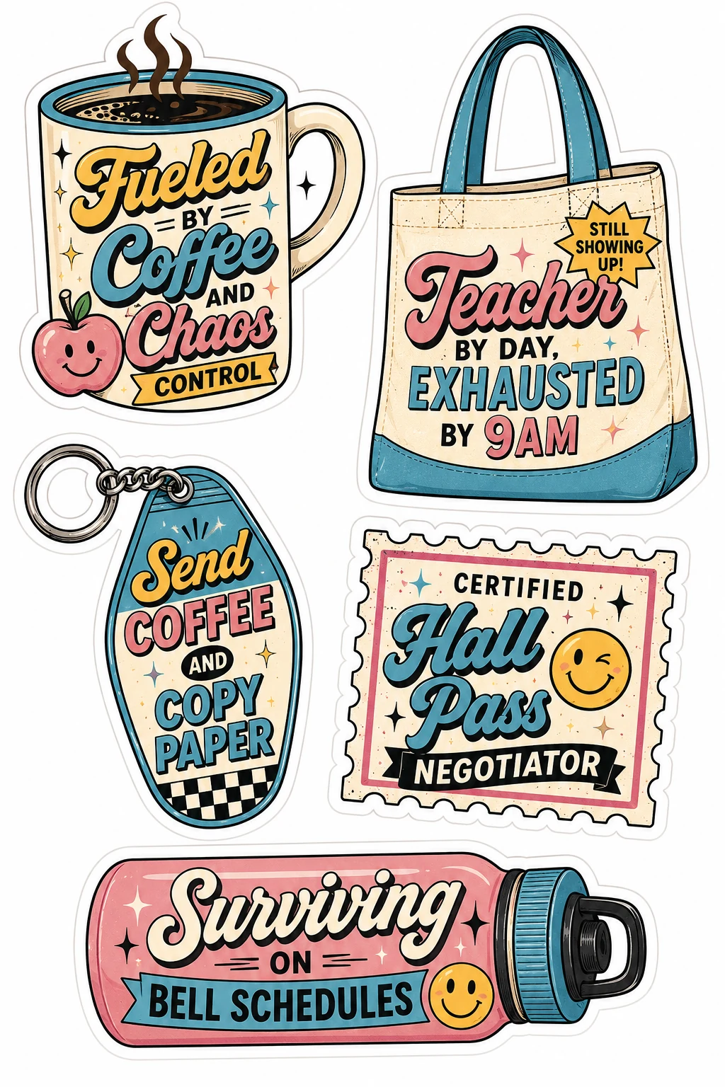 Teacher By Day Exhausted By 9am Mug Sheet featuring teacher humor, school staff life, classroom management, and educator coffee.