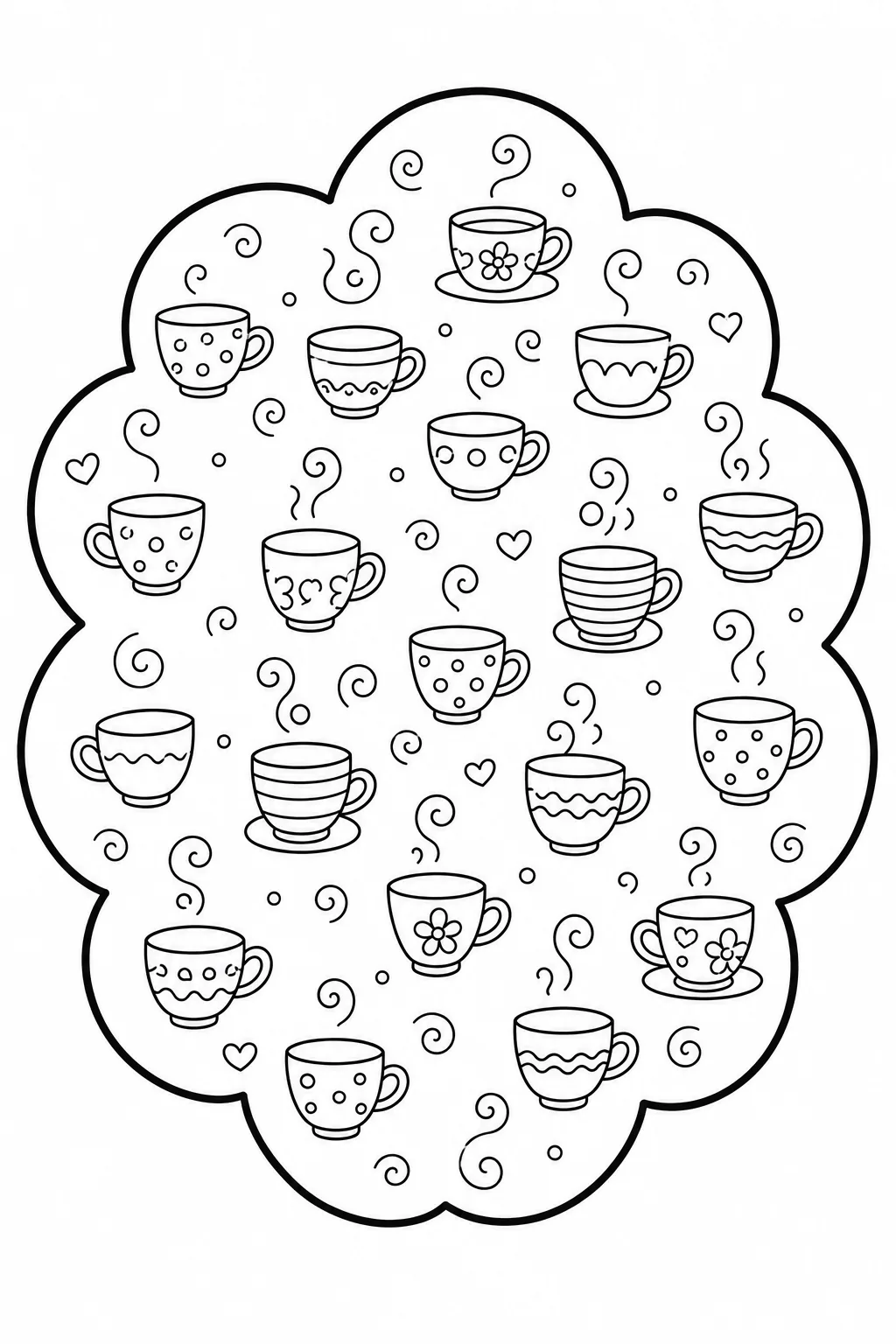 Various patterned teacups on saucers with steam rising inside a cloud.