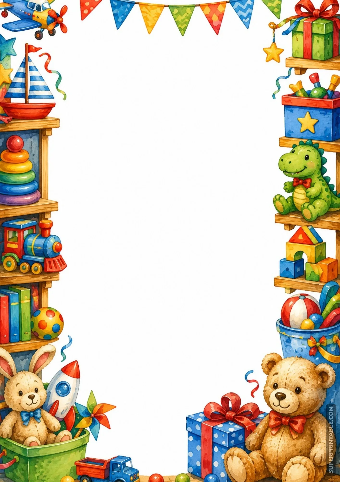 Decorative border featuring a cute teddy bear, blue gift box, and stacked toys.