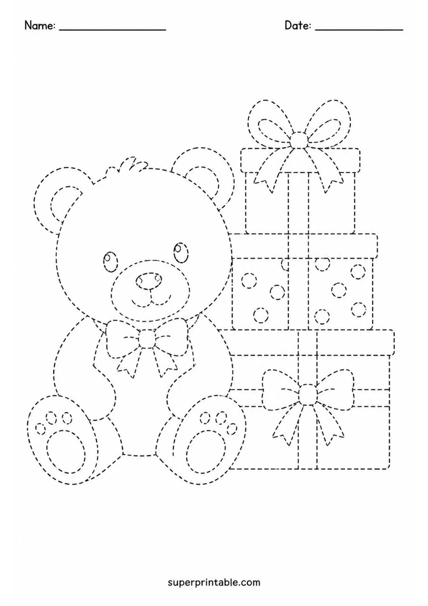 Teddy bear sitting next to stacked present boxes on a line tracing printable page for young students.