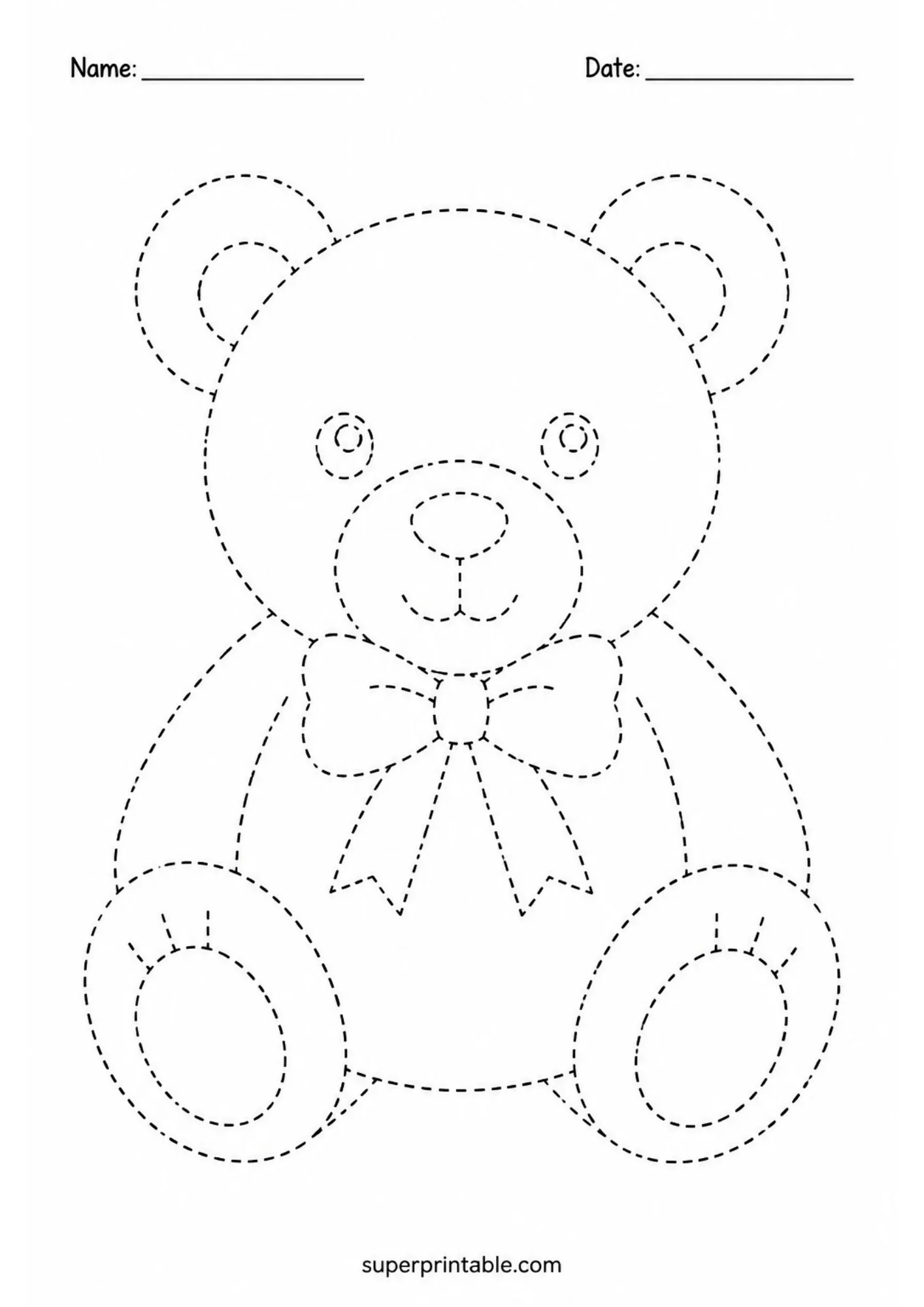 Toy tracing worksheets featuring a seated teddy bear with round paws and a bow tie