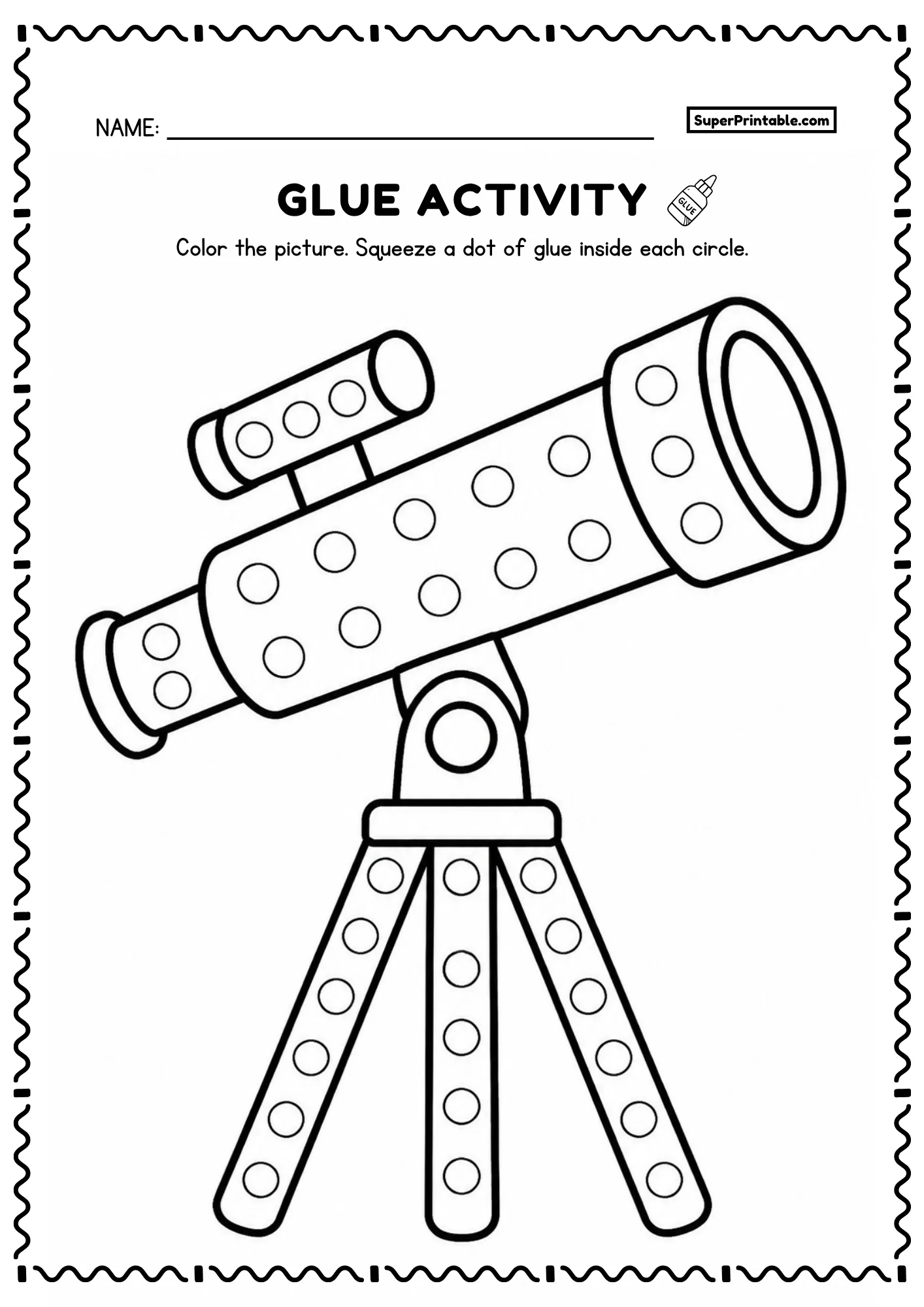 Telescope and tripod glue activity page with circles for young space learners