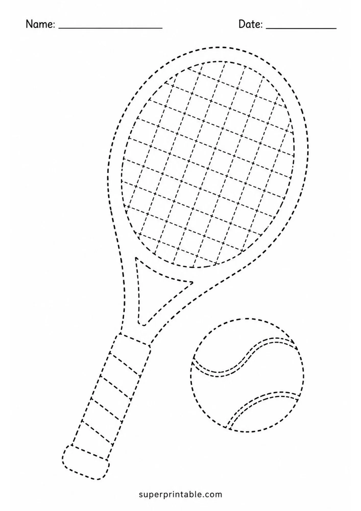 Tennis racket and ball tracing activity sheet designed with simple dashed outlines.