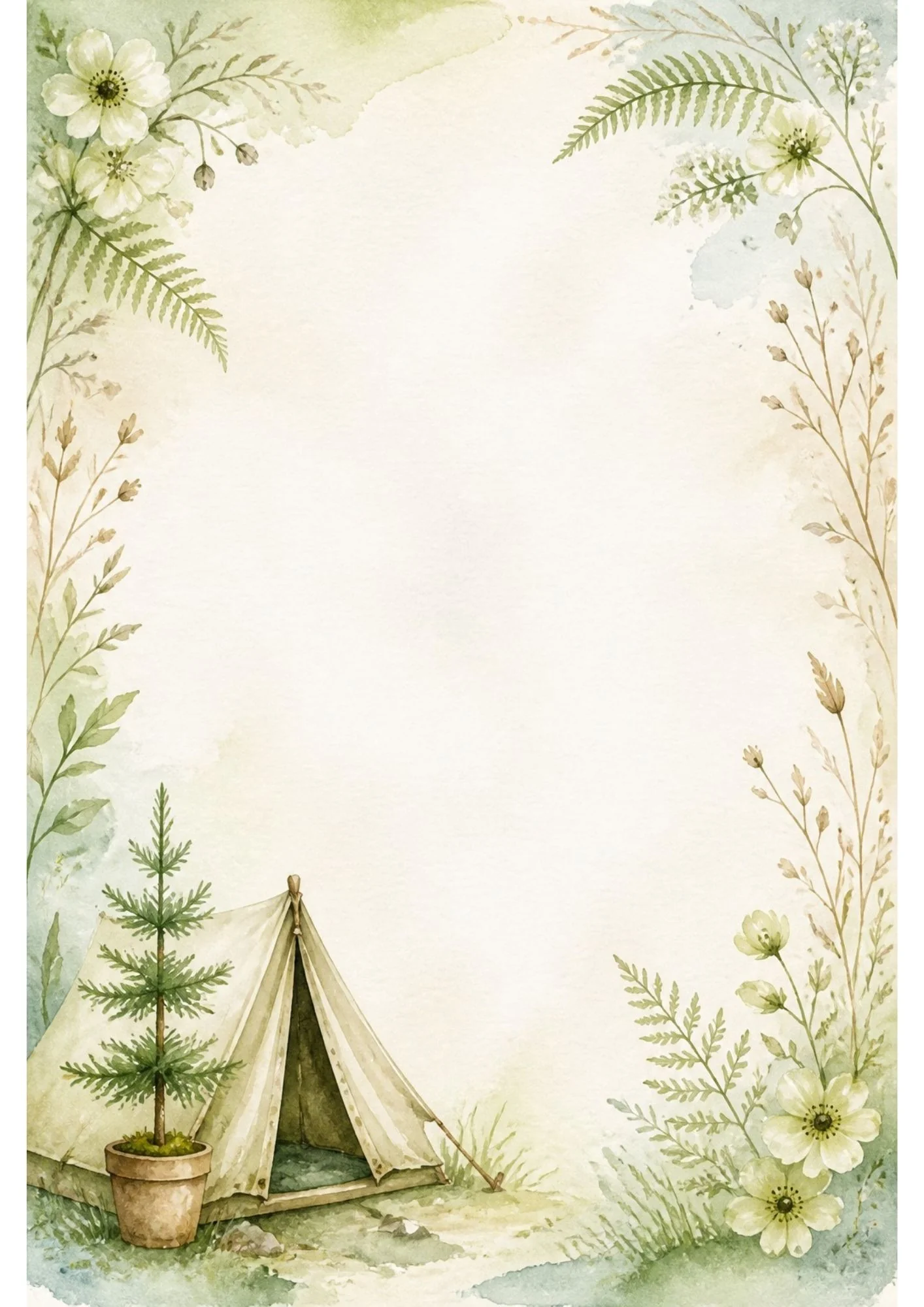 Watercolor border page with white wildflowers and ferns surrounding a canvas tent beside a small potted pine sapling