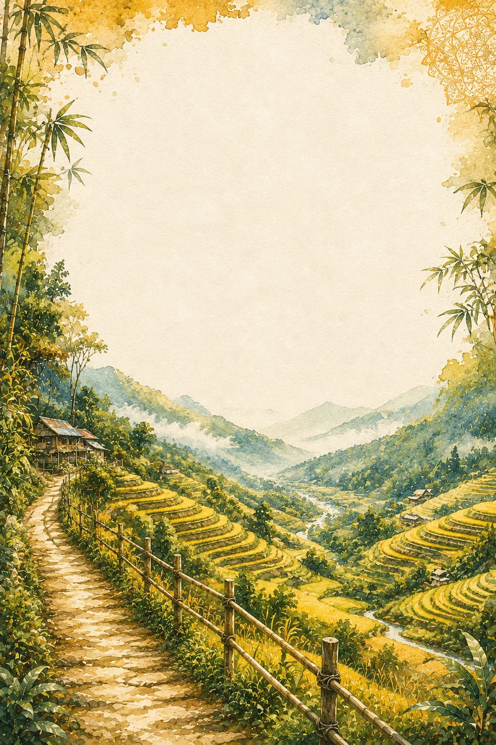 Watercolor vietnam border page stationary featuring golden terraced rice fields and mountain landscape.
