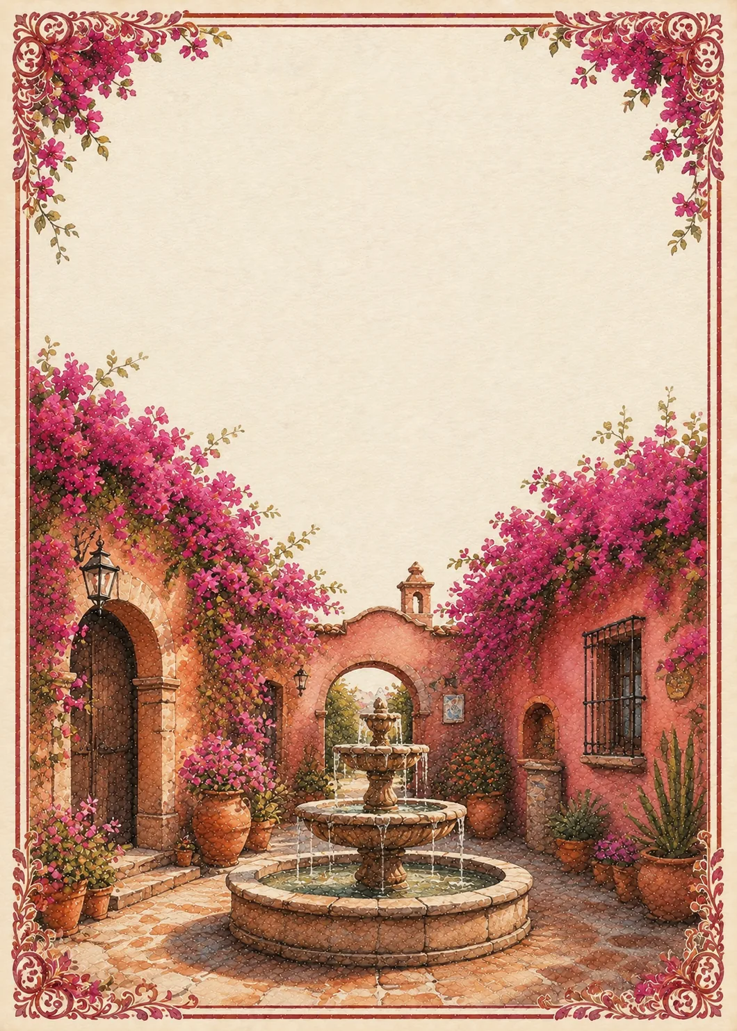 Terracotta courtyard with a stone water fountain and vibrant pink bougainvillea flowers.