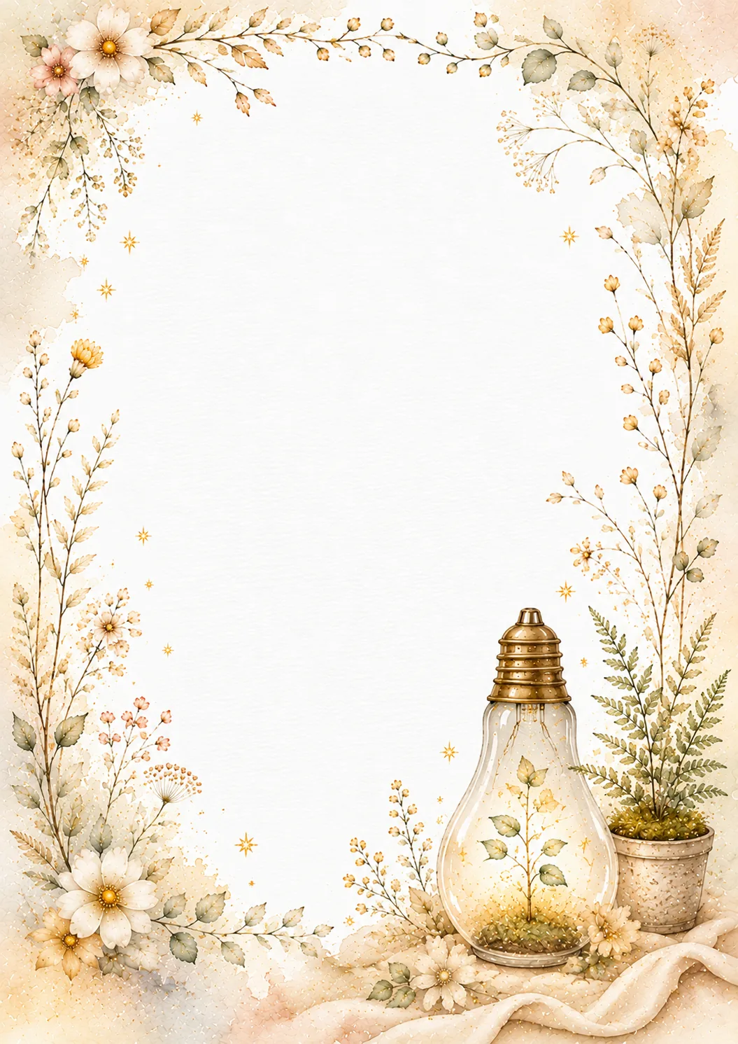 Bulb-shaped plant terrarium with a potted fern and delicate cream botanical watercolor border