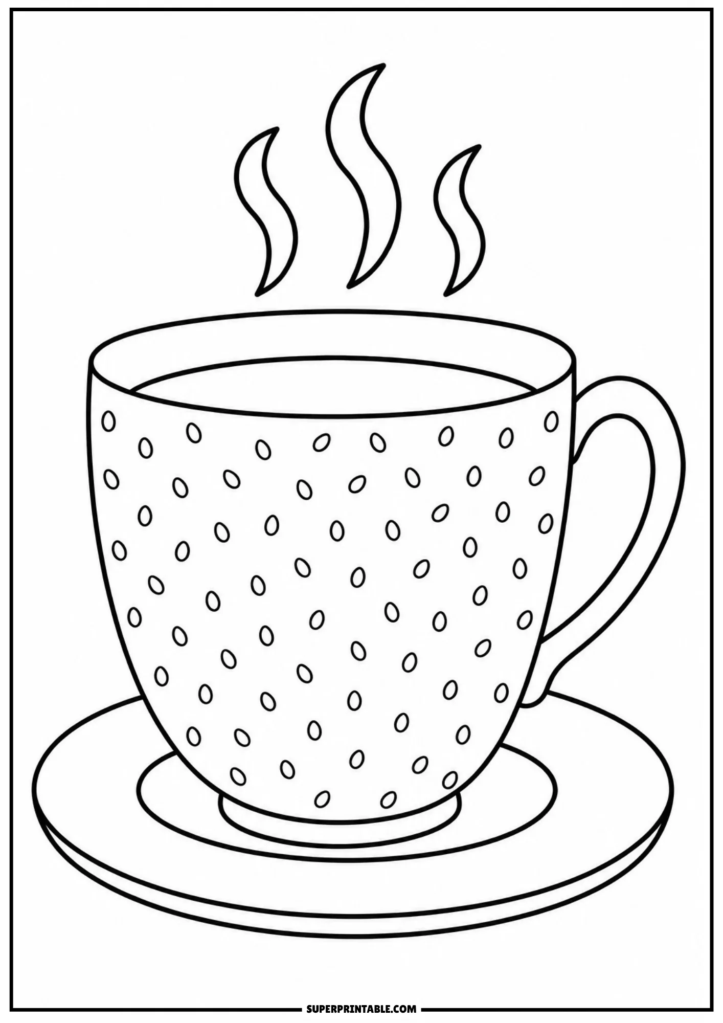 Steaming tea cup on a saucer decorated with an all-over pattern of small oval polka dots.