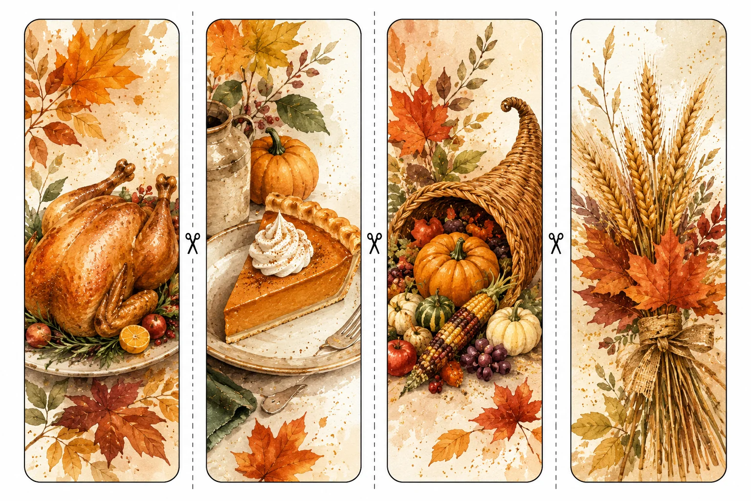 Printable Thanksgiving bookmarks sheet 1, roast turkey and cornucopia