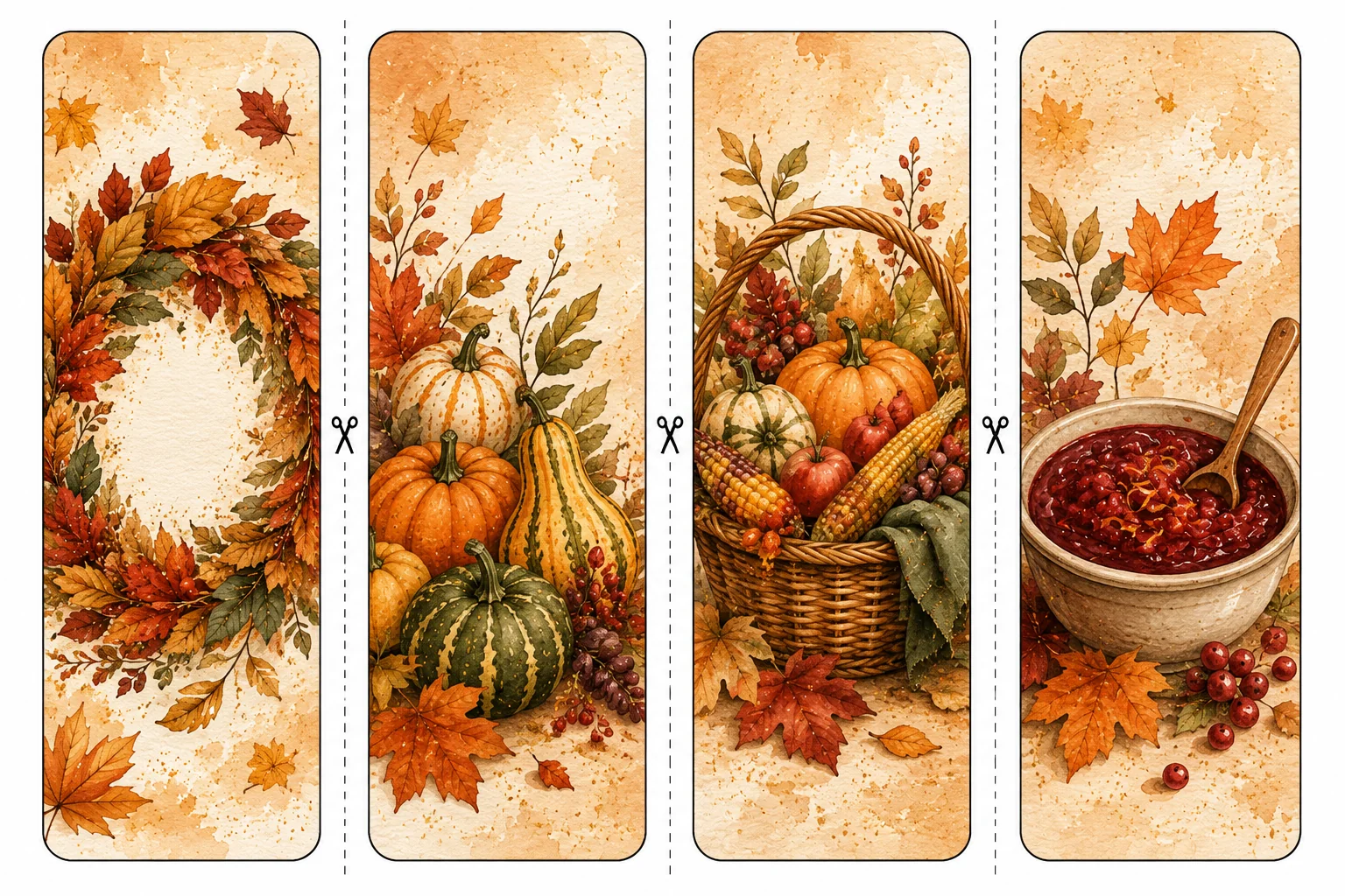Printable Thanksgiving bookmarks sheet 2, leaf wreath and cranberry