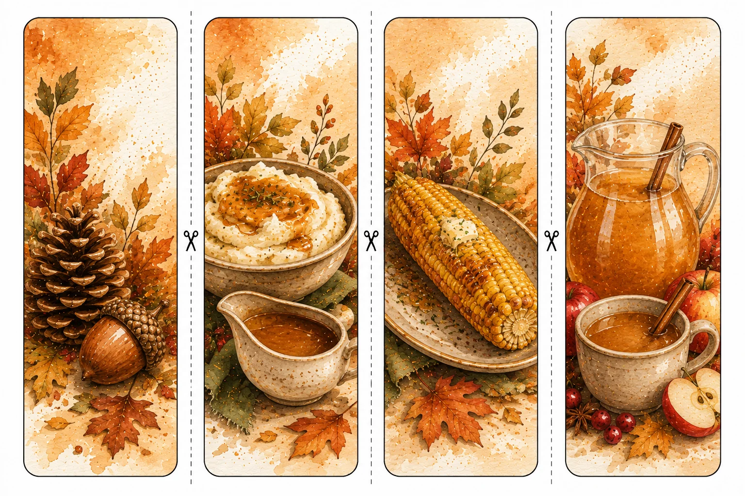 Printable Thanksgiving bookmarks sheet 3, acorn, gravy, and apple cider