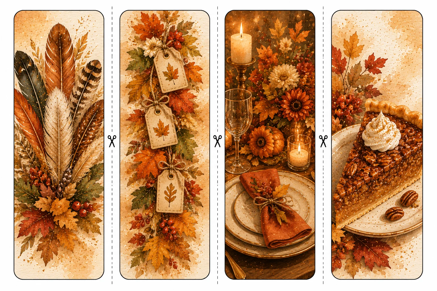 Printable Thanksgiving bookmarks sheet 4, candlelit table and pecan pie