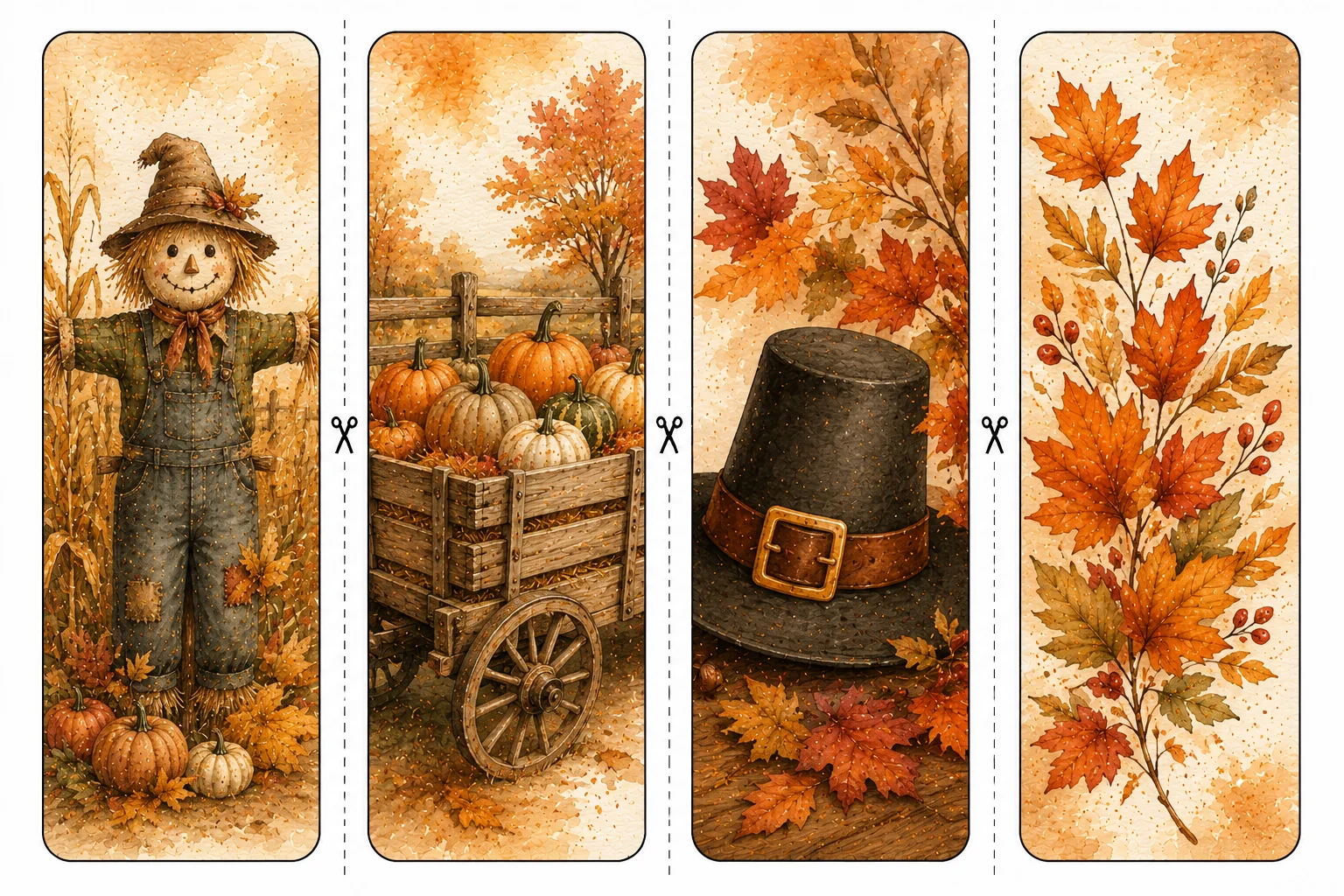 Printable Thanksgiving bookmarks sheet 5, scarecrow and hayride