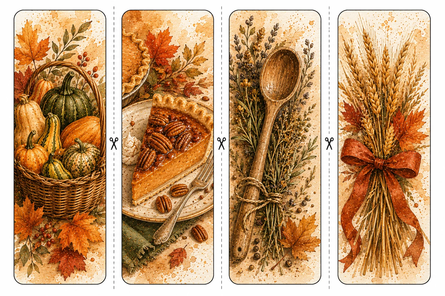 Printable Thanksgiving bookmarks sheet 6, squash basket and wheat sheaf