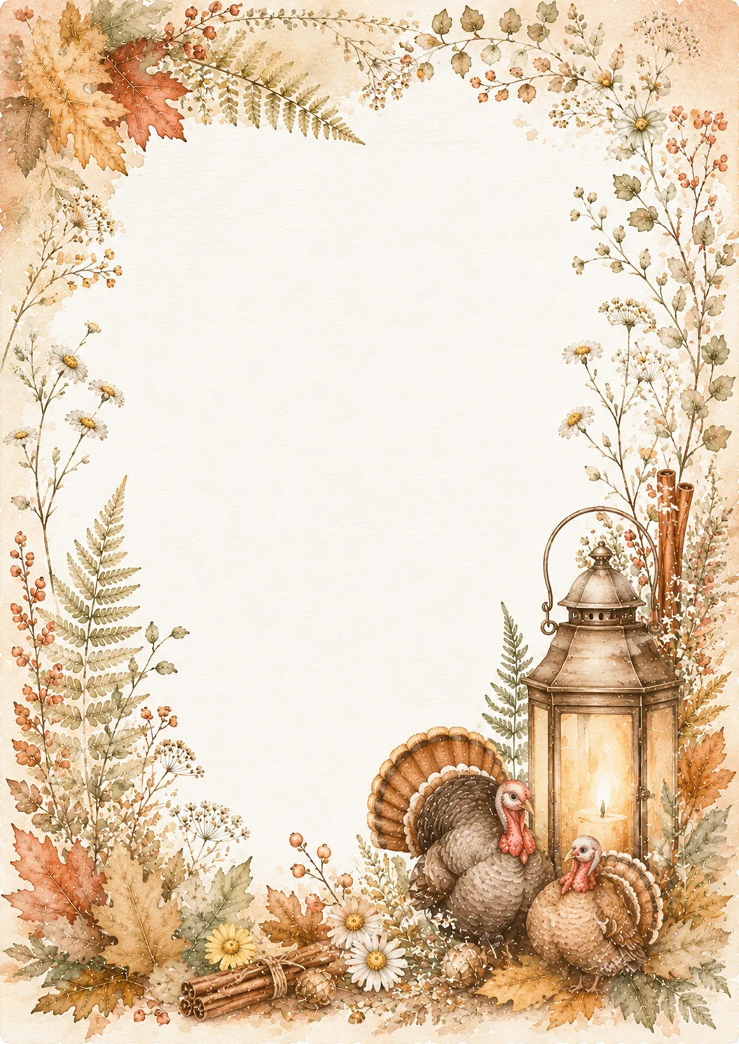 Autumn harvest border with two turkeys, glowing lantern, cinnamon sticks, daisies, and fall leaves