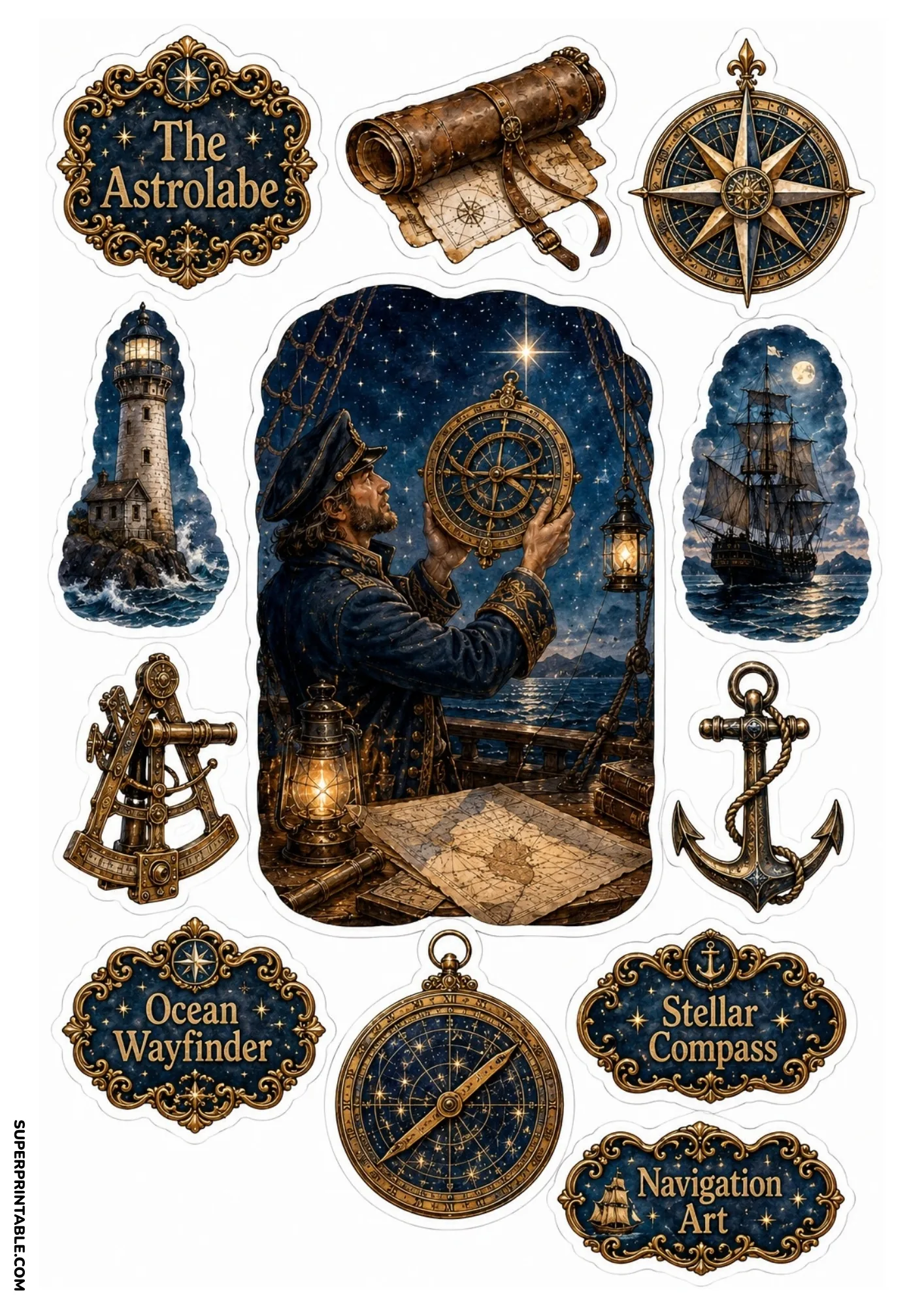 Ship captain using brass astrolabe under starry sky with lighthouse, sailing ship, and brass sextant.