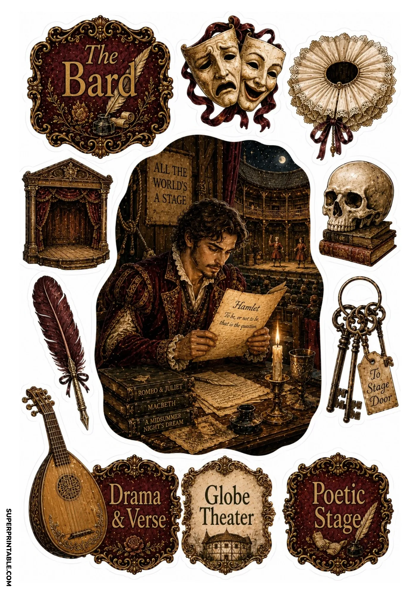 Renaissance bard writing Hamlet inside the Globe Theatre with drama masks, lute, and skull on books.