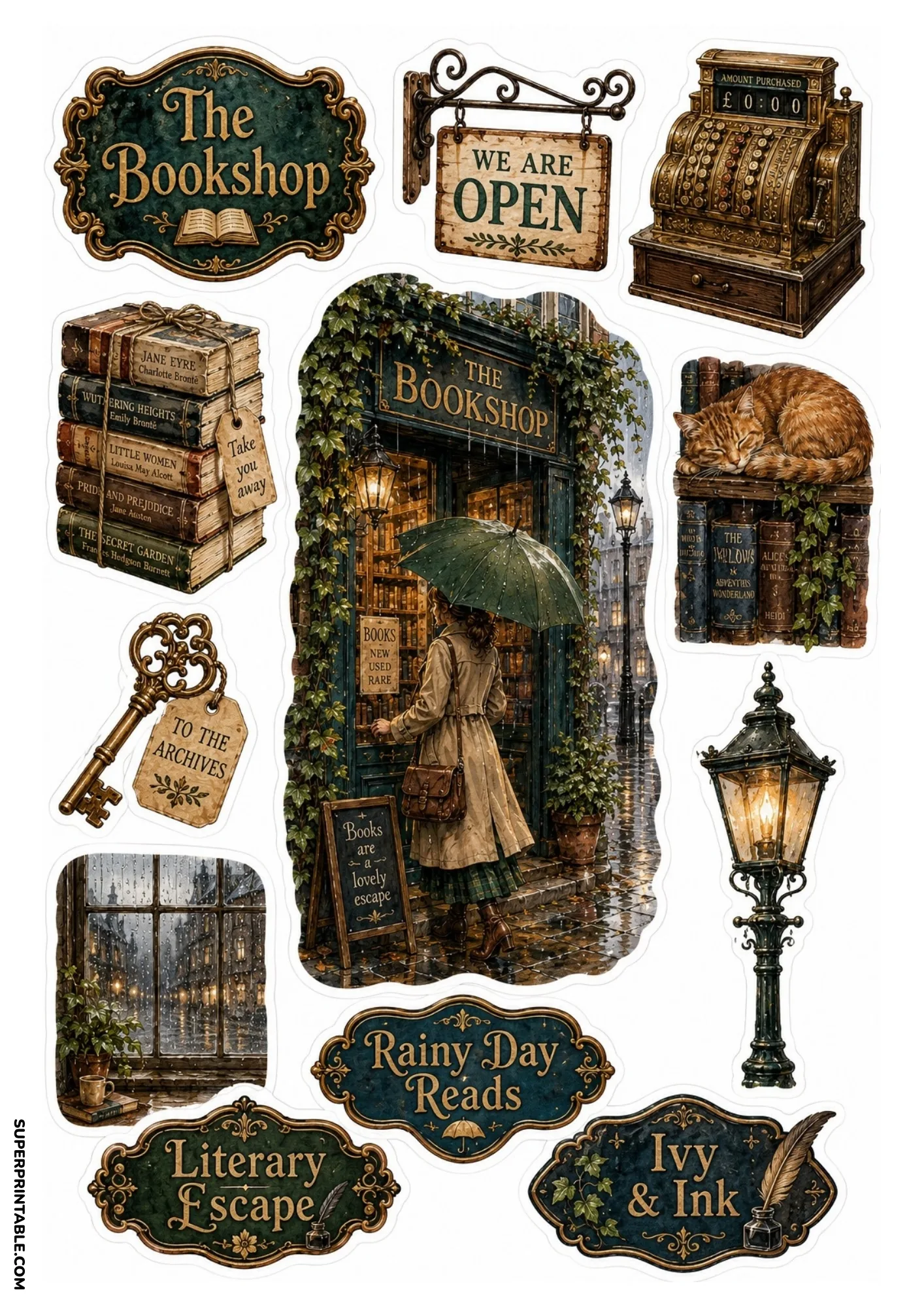 Woman with an umbrella outside a rainy vintage bookshop next to a sleeping ginger cat and street lamp.