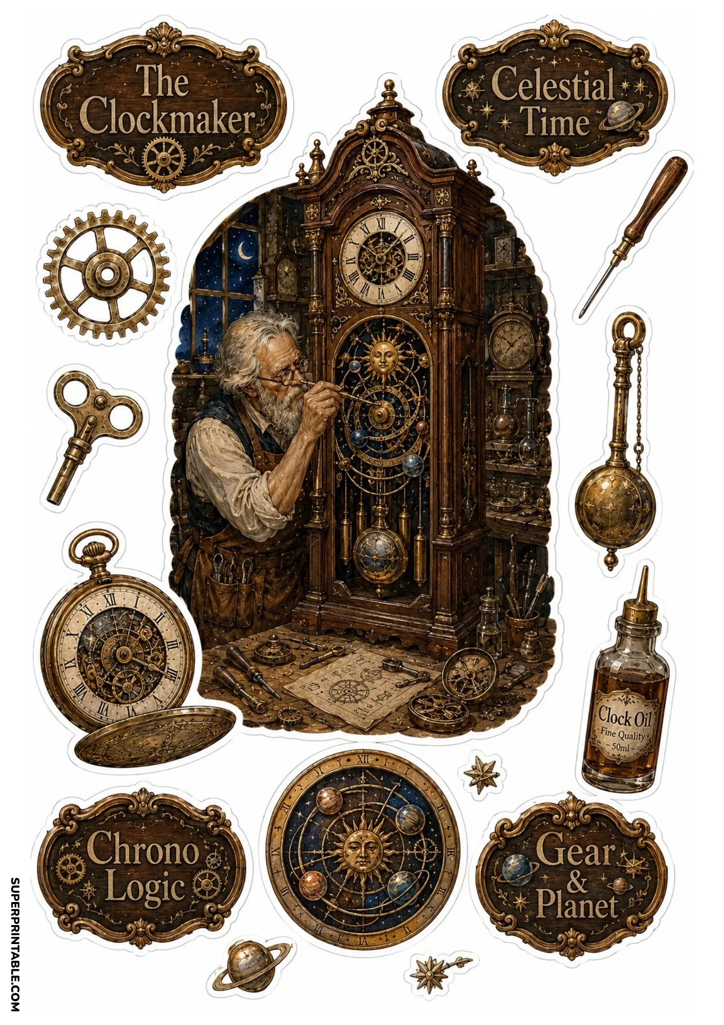 Clockmaker repairing astronomical grandfather clock with gears, pocket watch, and planet wheel dial.