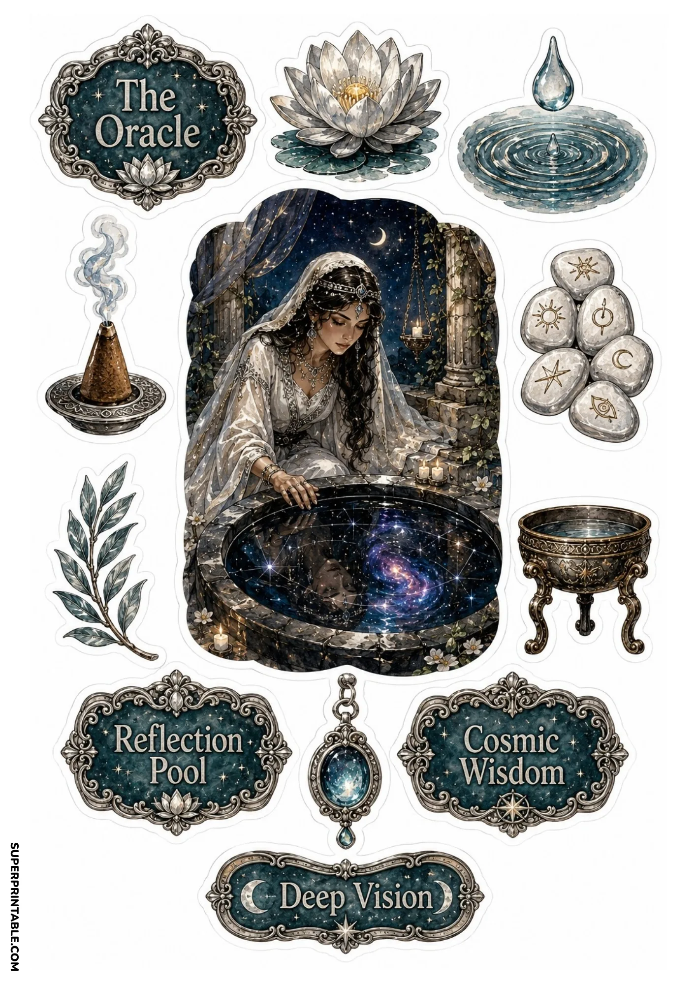 Veiled oracle touching cosmic reflection pool with white lotus flower, incense cone, and rune stones.