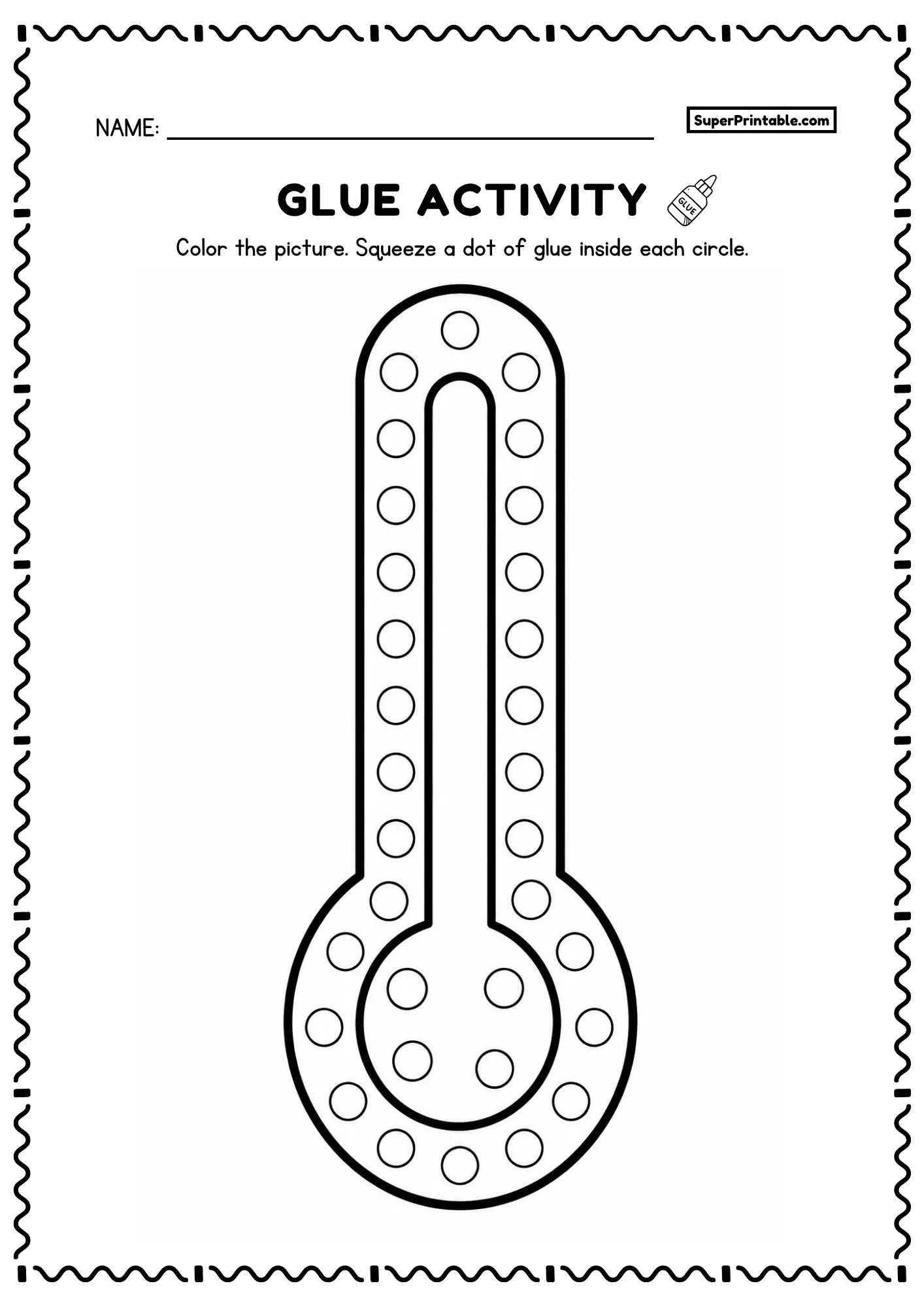 Thermometer glue activity with outlined circles for kids learning about weather