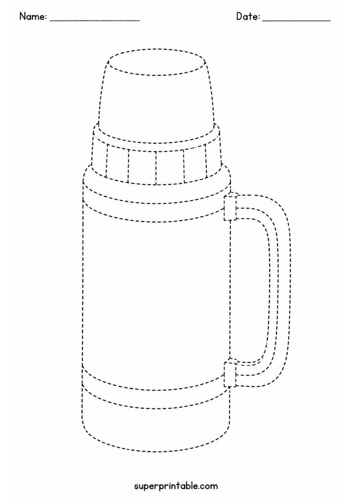 Fine motor tracing page featuring an insulated thermos flask beverage container with handle.