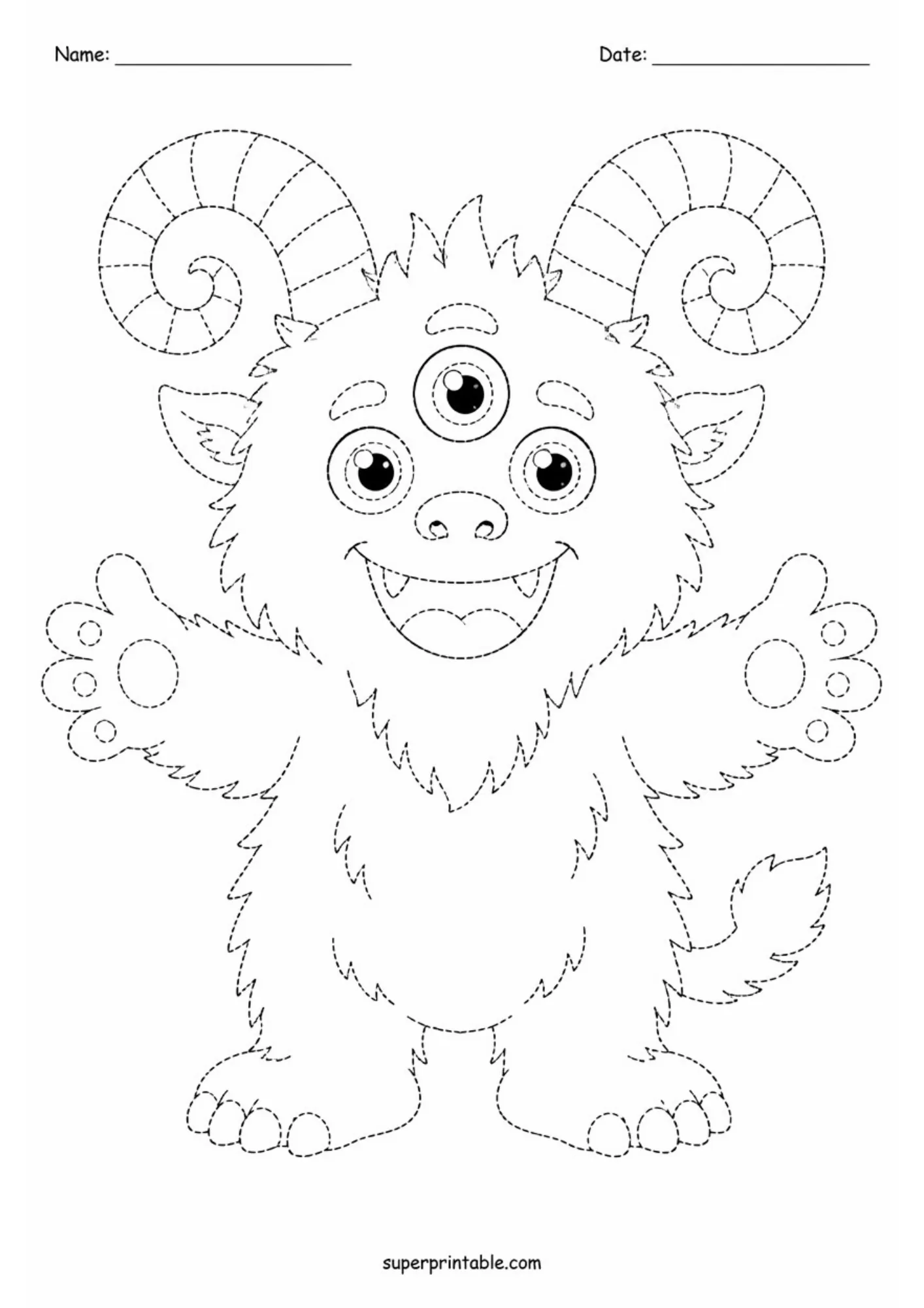 Printable friendly monster tracing worksheets showing a silly three-eyed monster with curved ram horns.