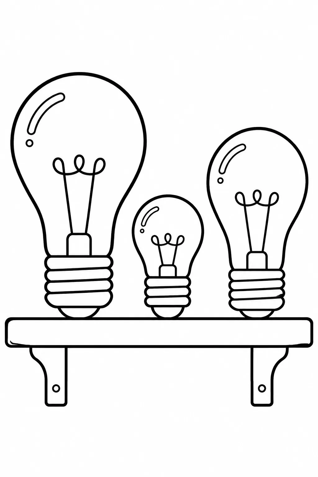 Three different sized light bulbs standing in a row on a rustic wooden wall-mounted shelf.