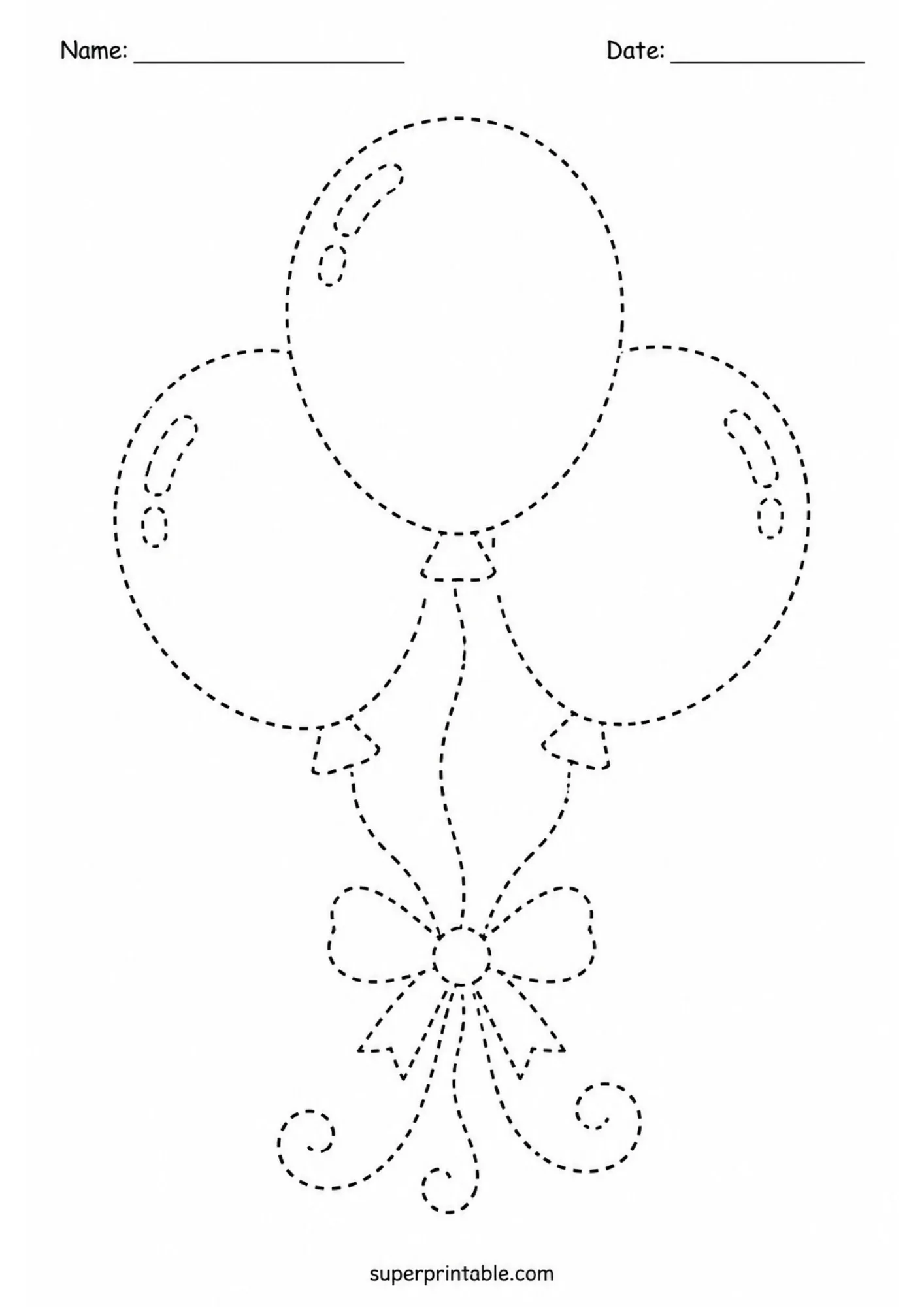 Birthday party activity worksheet showing a trio of tied balloons for preschool line tracing practice.