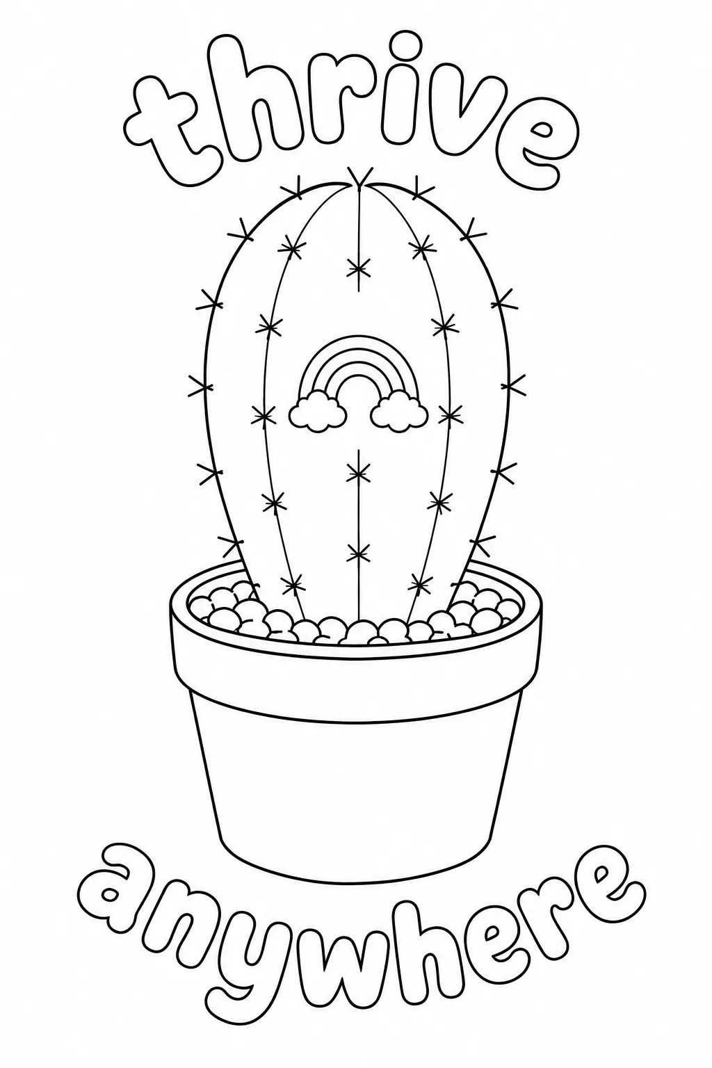 Printable cactus design featuring a small rainbow and clouds.