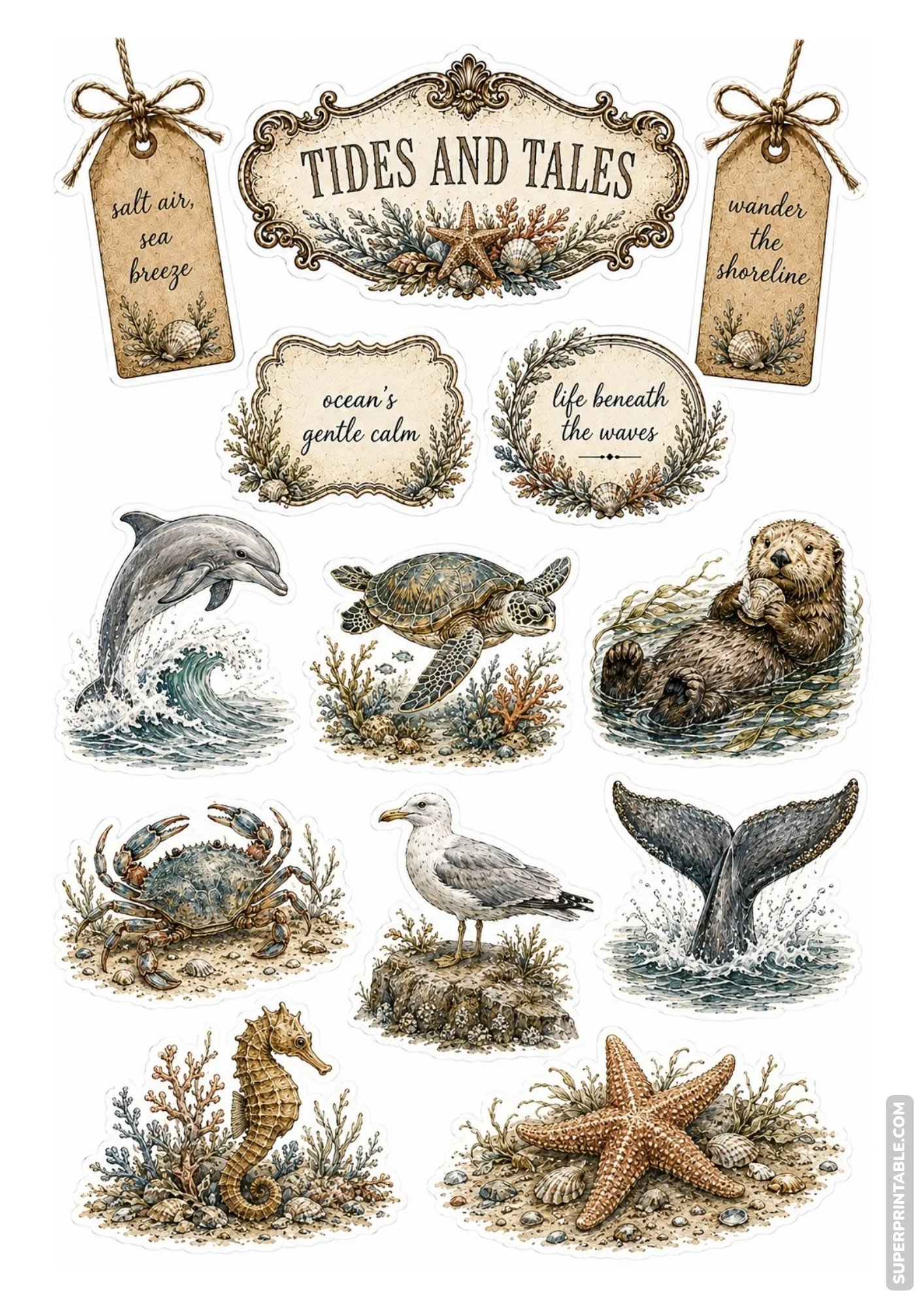 Printable ocean animal sticker sheet with vintage sea turtles, dolphins, crabs, and marine life.