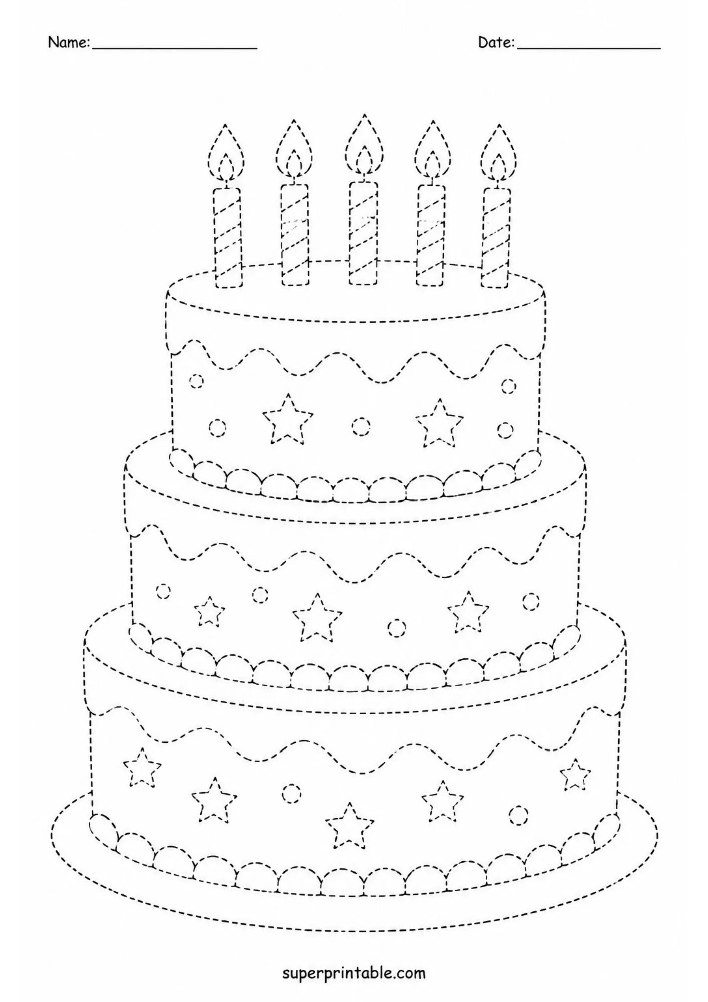 Birthday party activity worksheet page featuring a tiered birthday cake line tracing art exercise for kids.