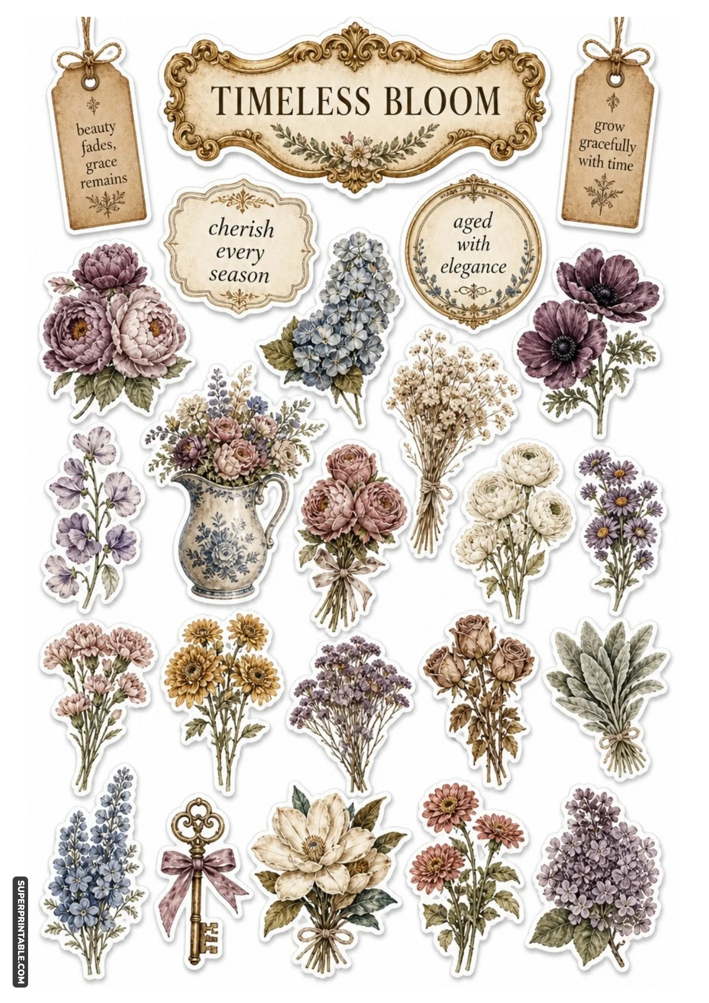 Antique style floral arrangements with a vintage pitcher and ornate key.