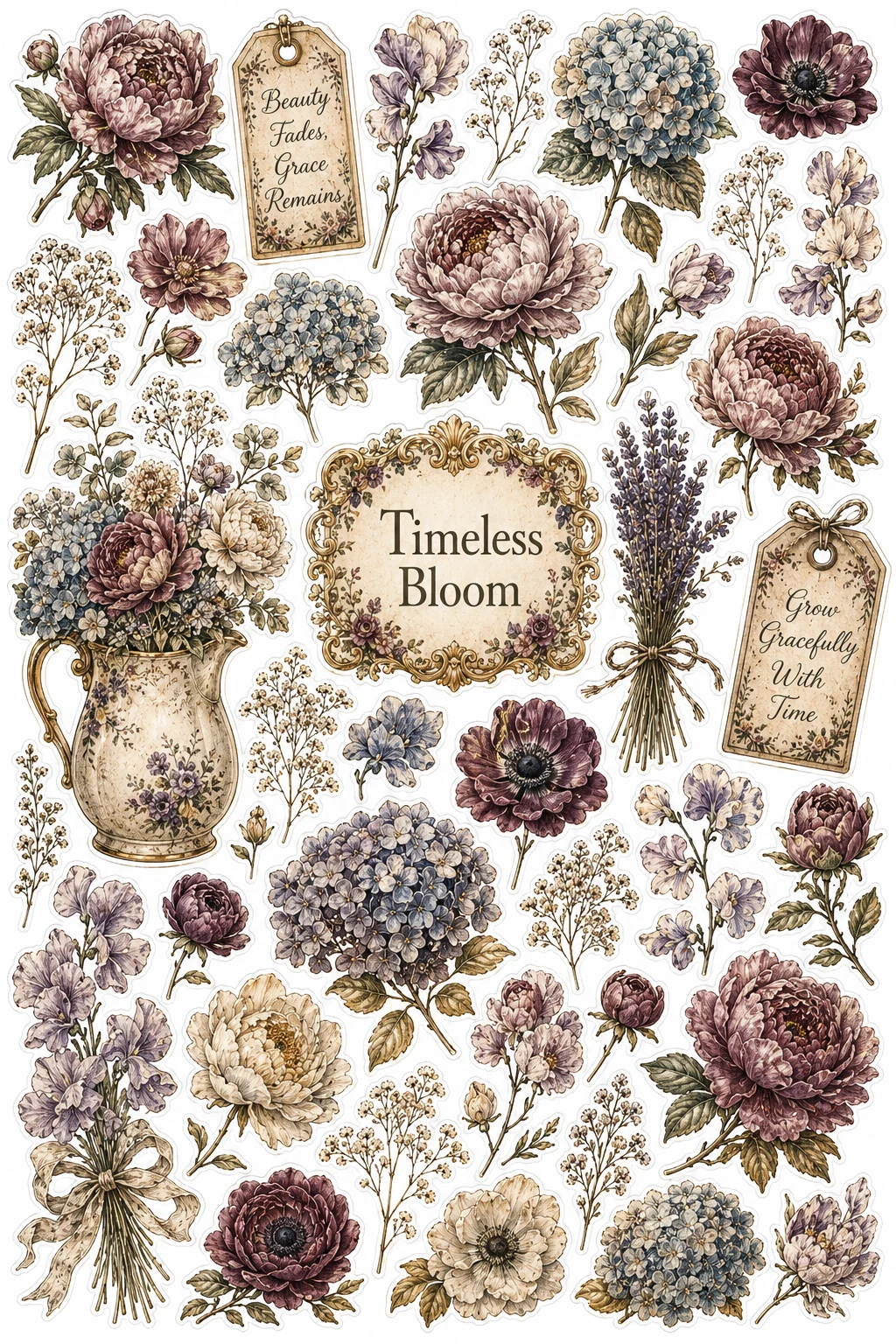 Timeless Bloom Sepia Hydrangea Sheet featuring vintage botanical illustrations, garden roses, wildflowers, and herbs.