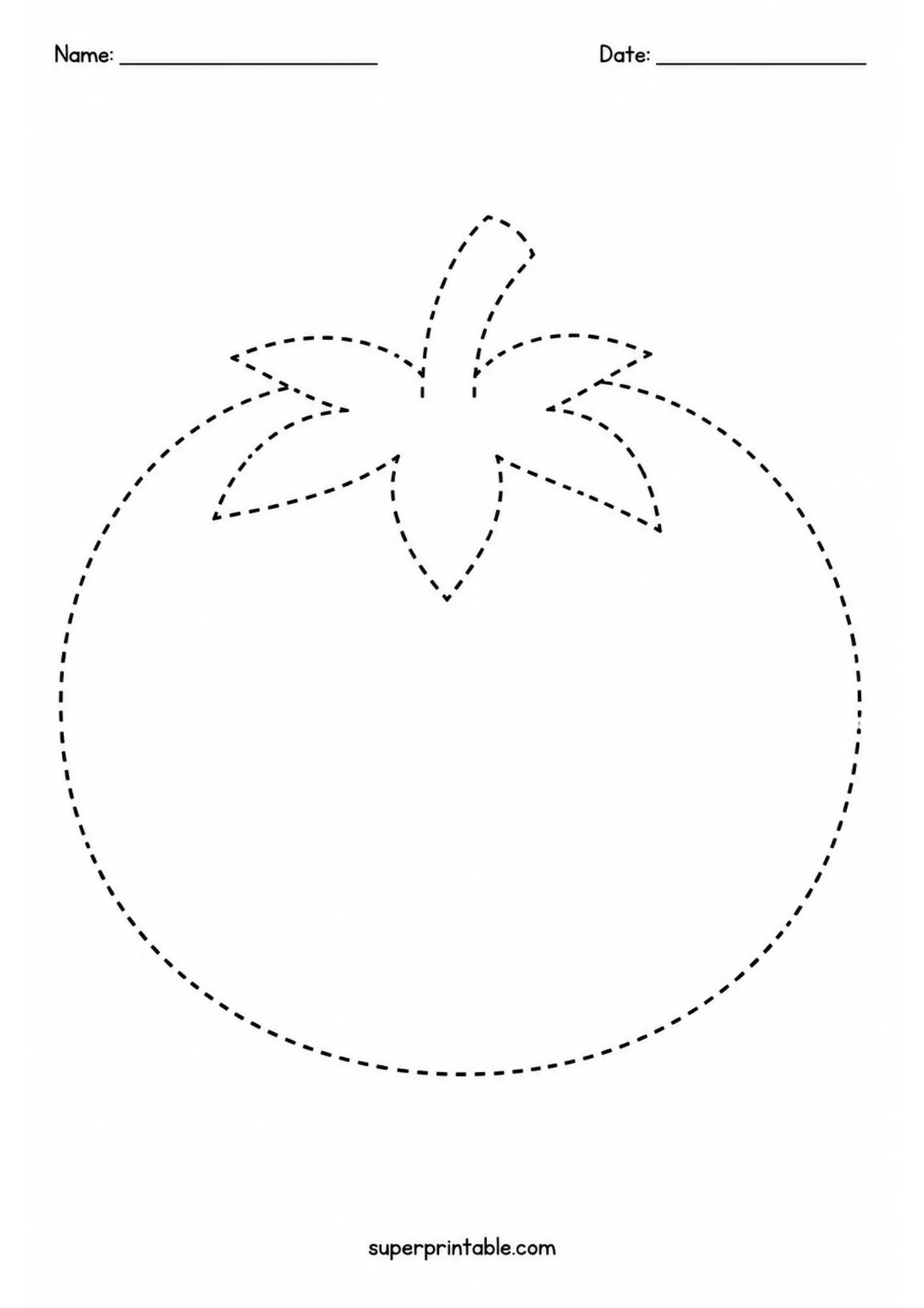 Round tomato printable outline with star stem calyx in dashed lines.