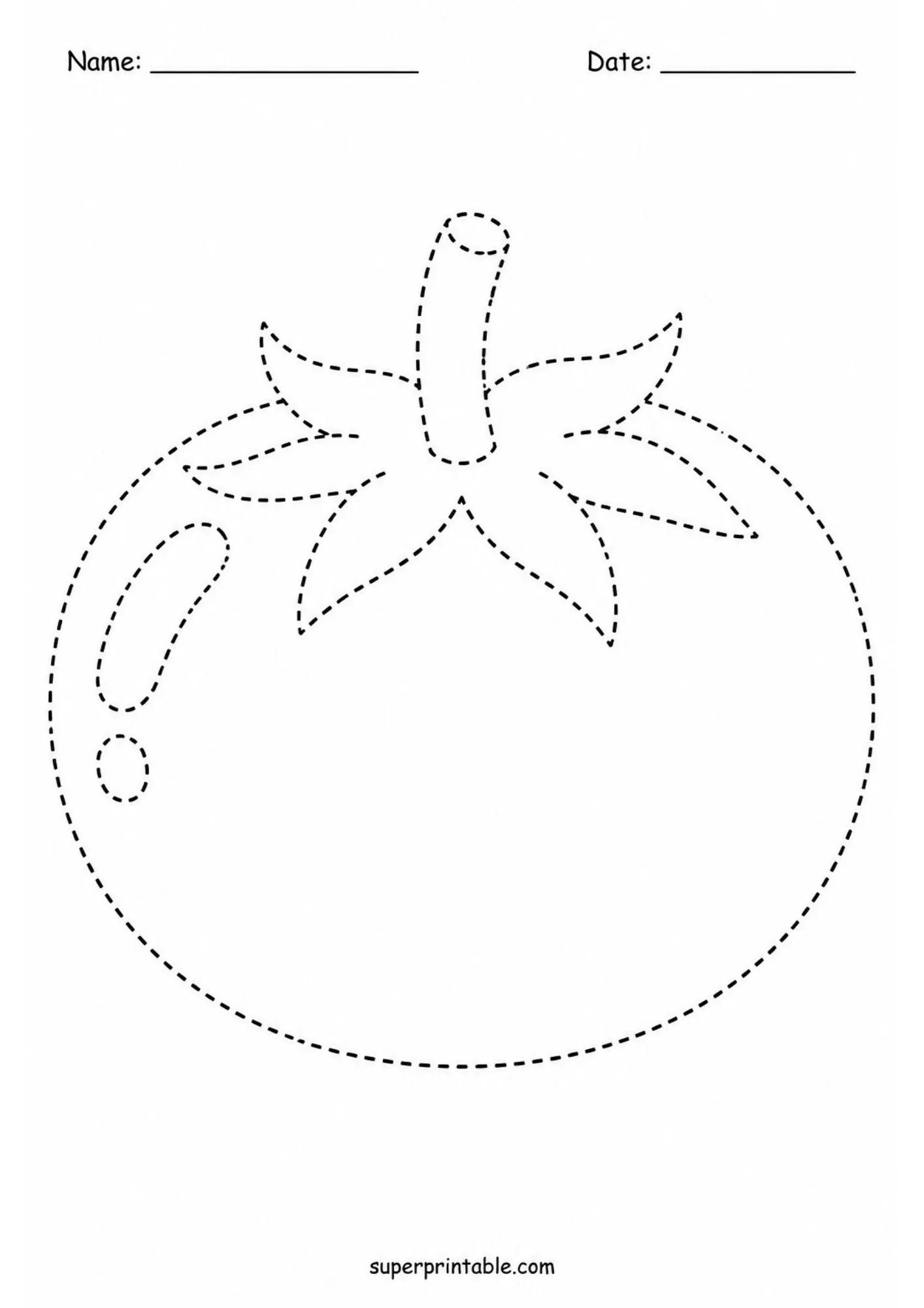 Plump round tomato outline with top leafy stem in dashed line art.