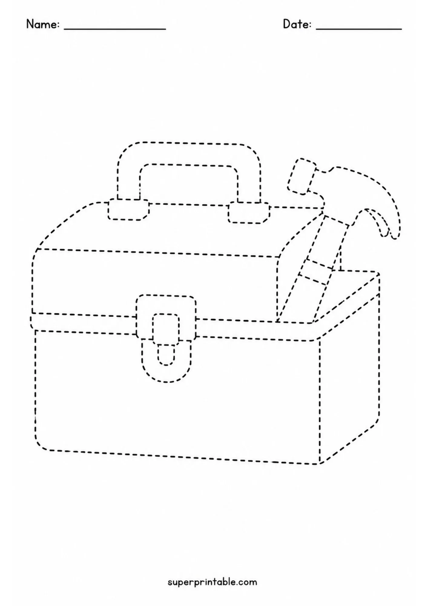 Interactive toolbox and claw hammer tracing worksheet for construction activity worksheets.