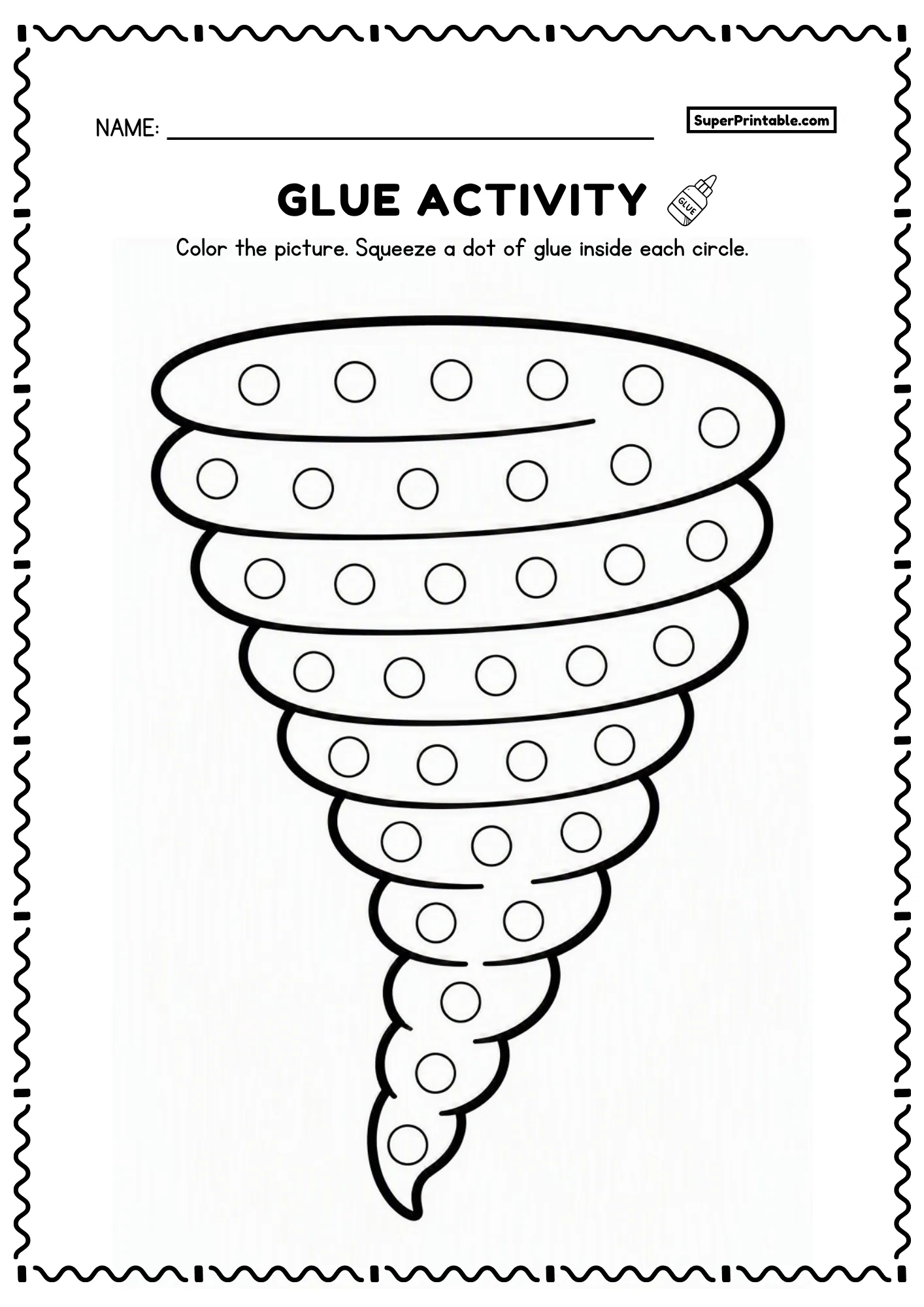 Tornado funnel glue activity with circles arranged inside swirling storm bands