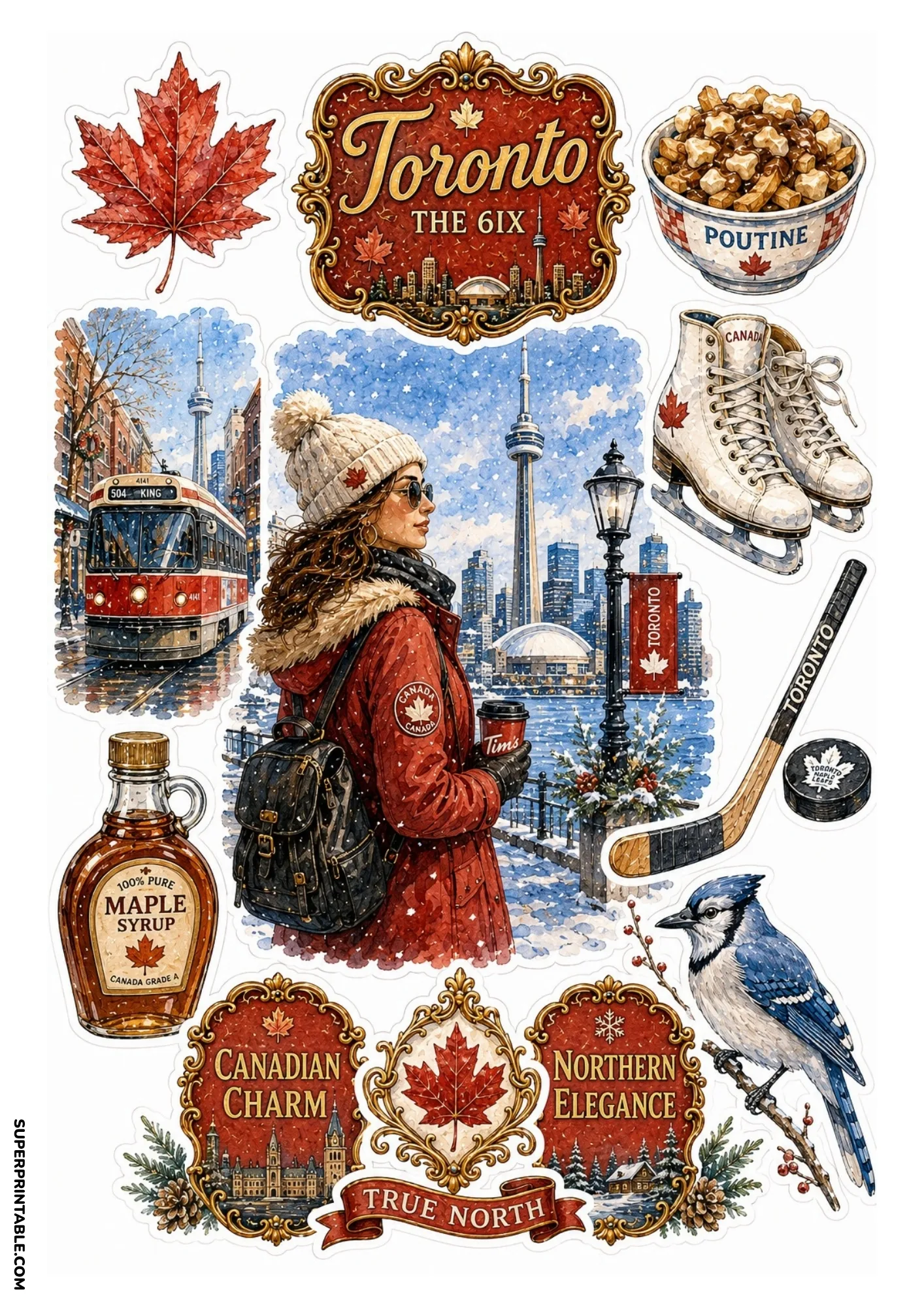 Toronto Canada sticker sheet featuring CN Tower, maple leaf, poutine, and hockey