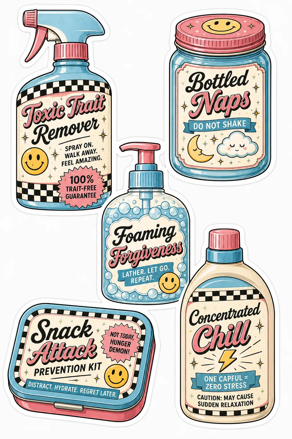 Retro toxic trait remover, bottled naps, foaming forgiveness, snack kit and concentrated chill labels.