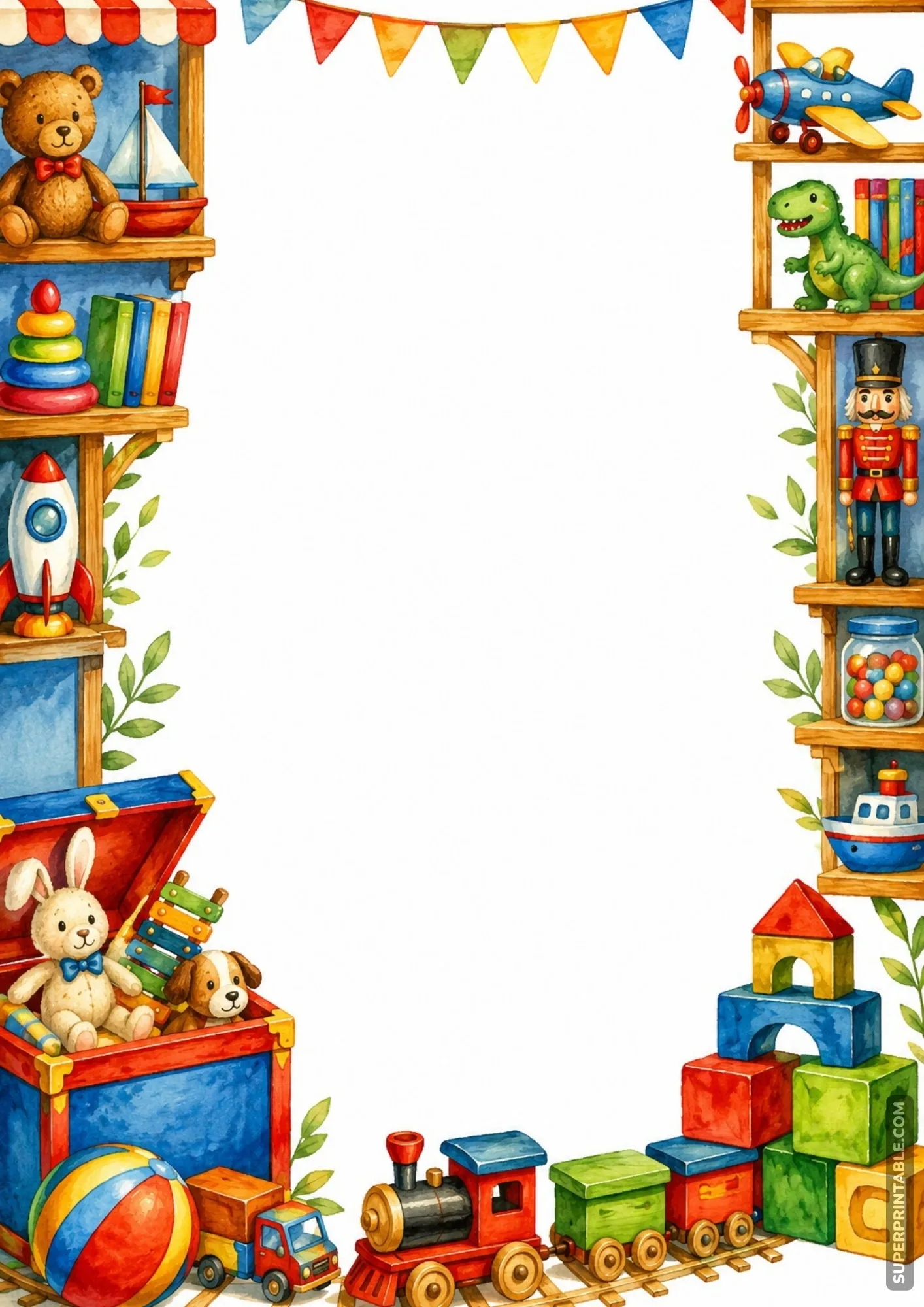 Colorful toy store border pages featuring a teddy bear shelf and toy train track.