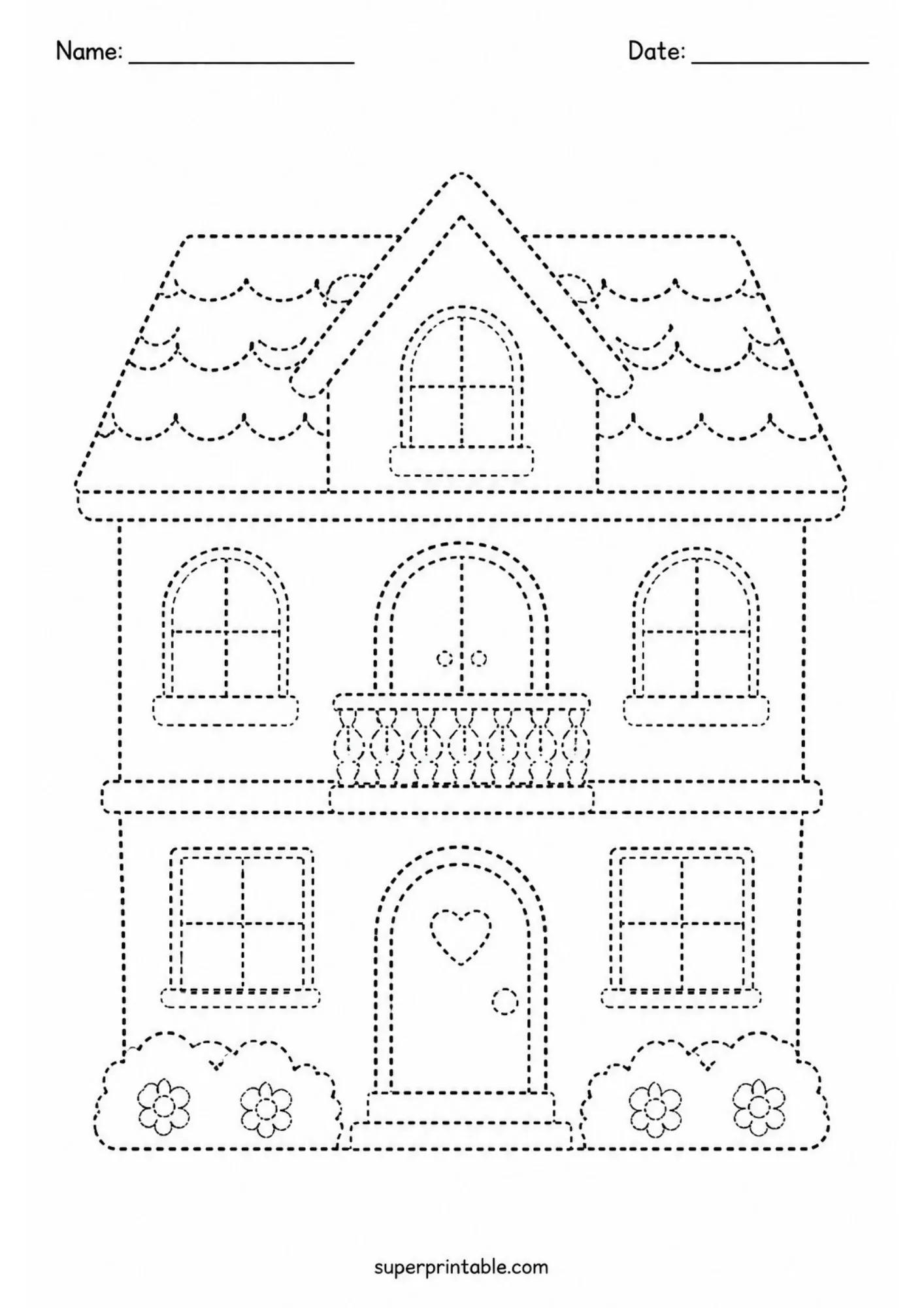 Toy tracing worksheets showing a two-story dollhouse with windows, balcony, door, and flowers